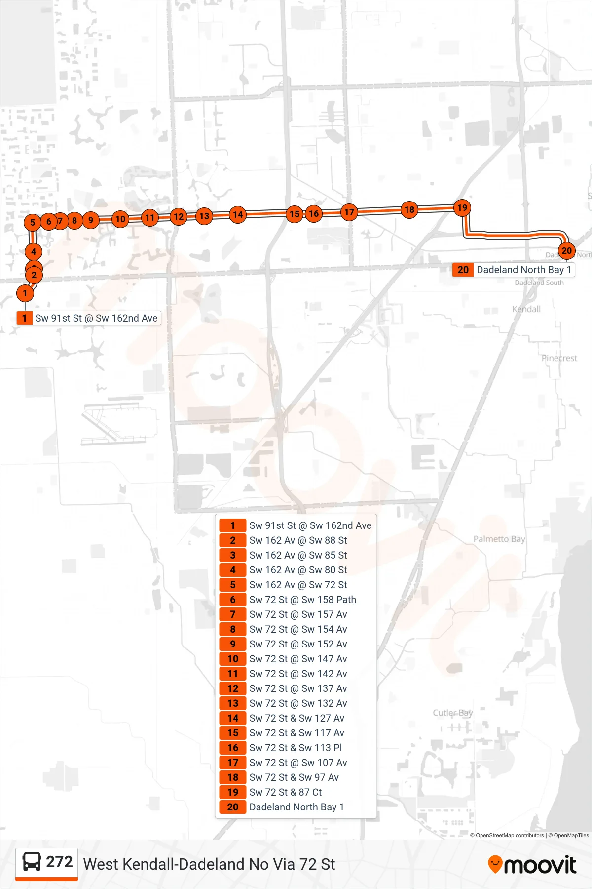 Roat Map Route Map - 272 - 272 - Dadeland North Station - Stops