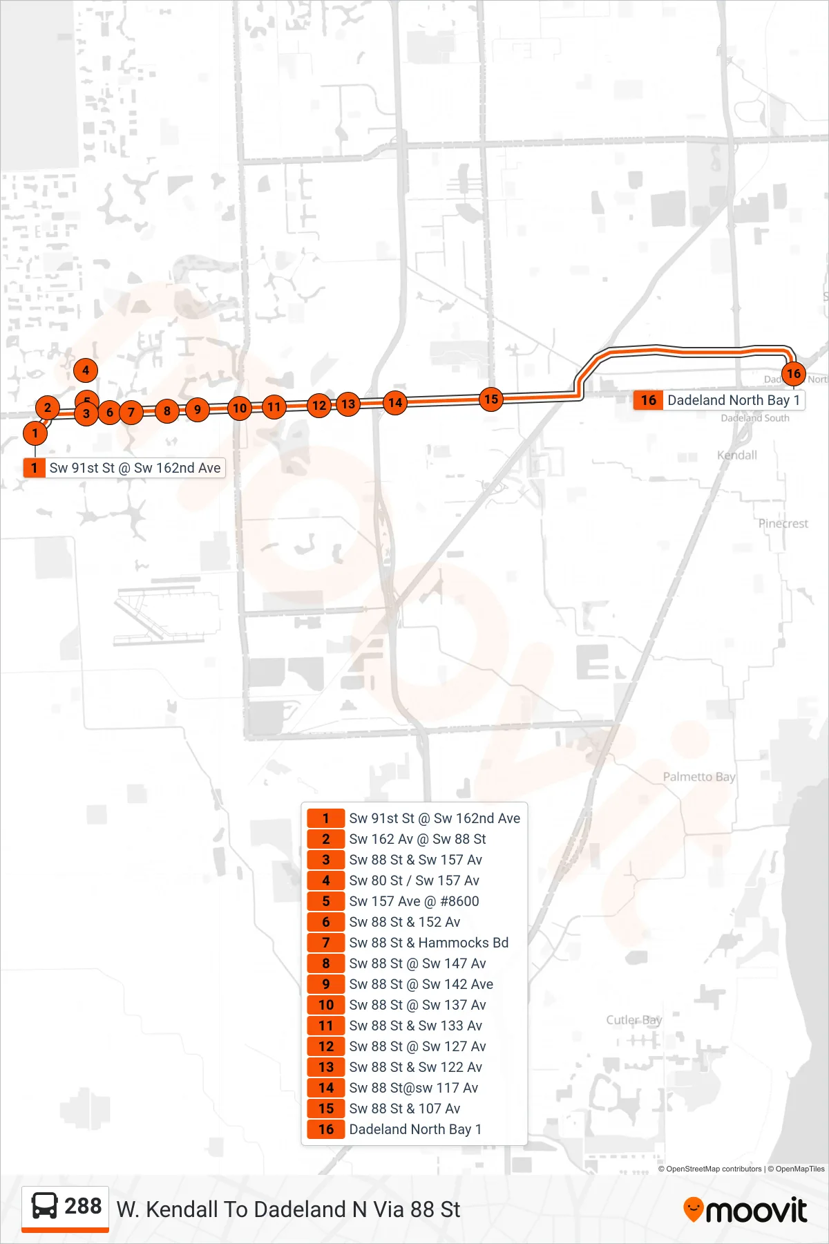 288 bus Line (288 - Dadeland North Station) route and stops on a map