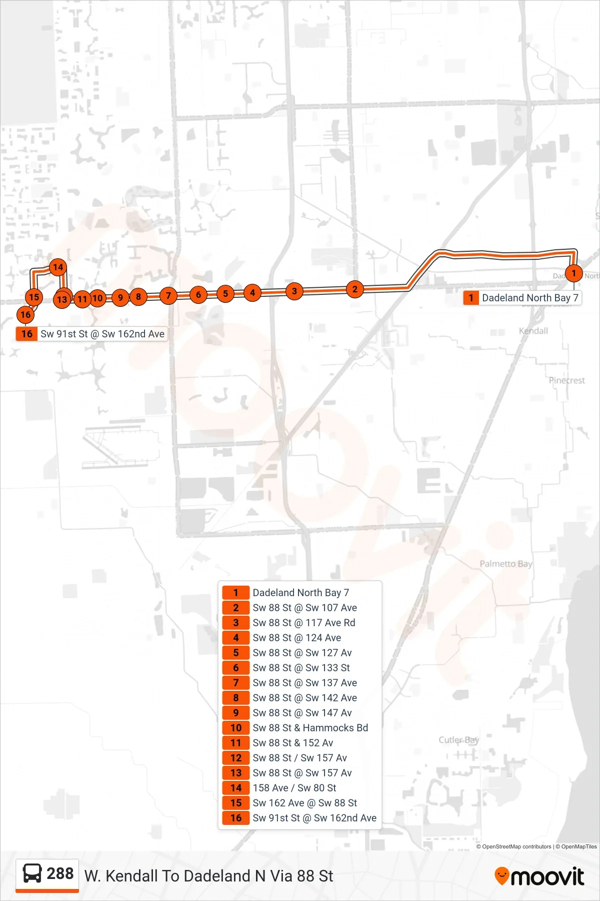 288 bus Line (288 - West Kendall Park & Ride) route and stops on a map