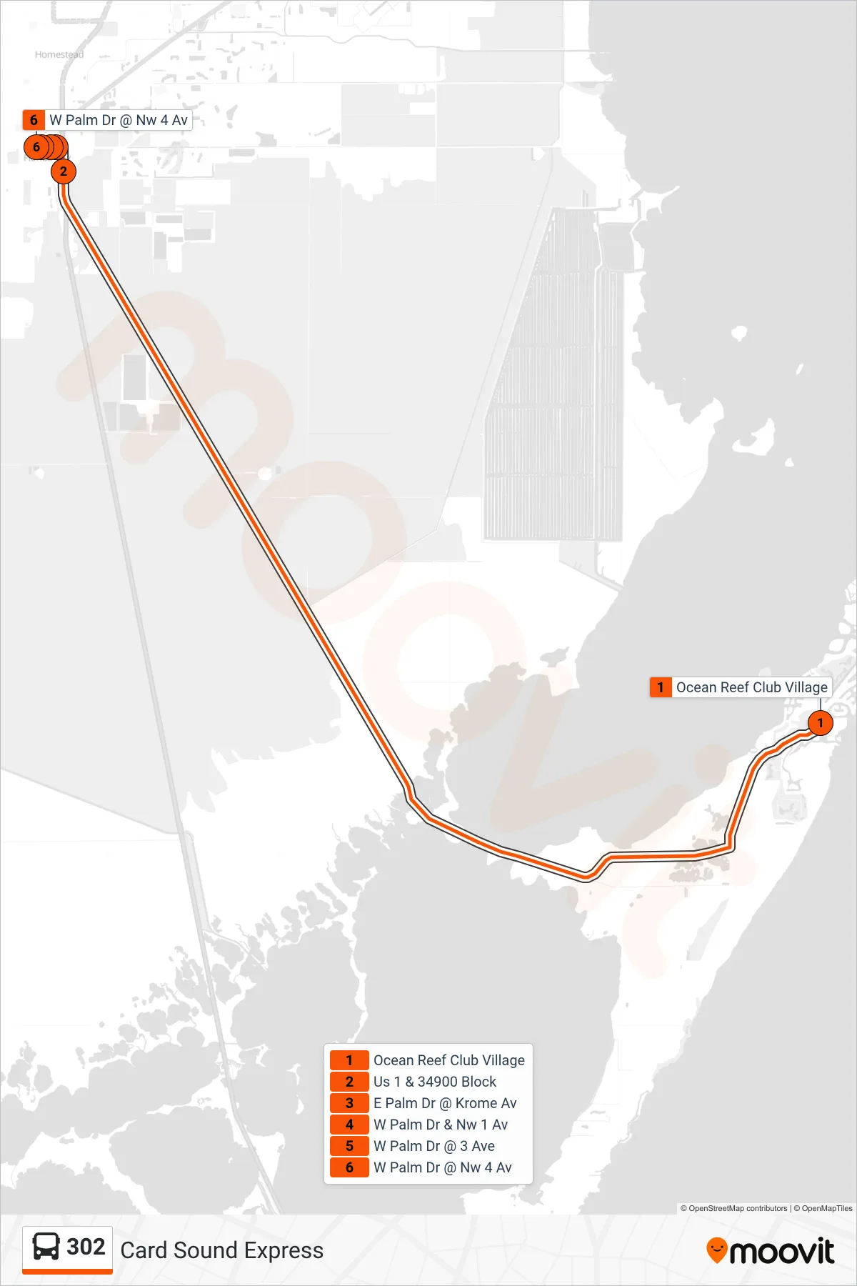 302 bus Line (302 - FL City SW 344 St Park & Ride) route and stops on a map