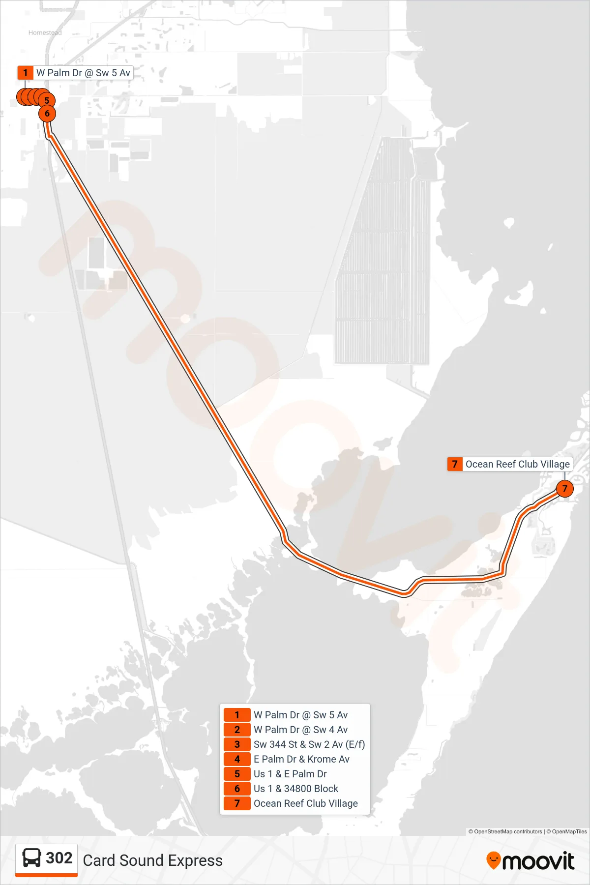 302 bus Line (302 - Ocean Reef) route and stops on a map
