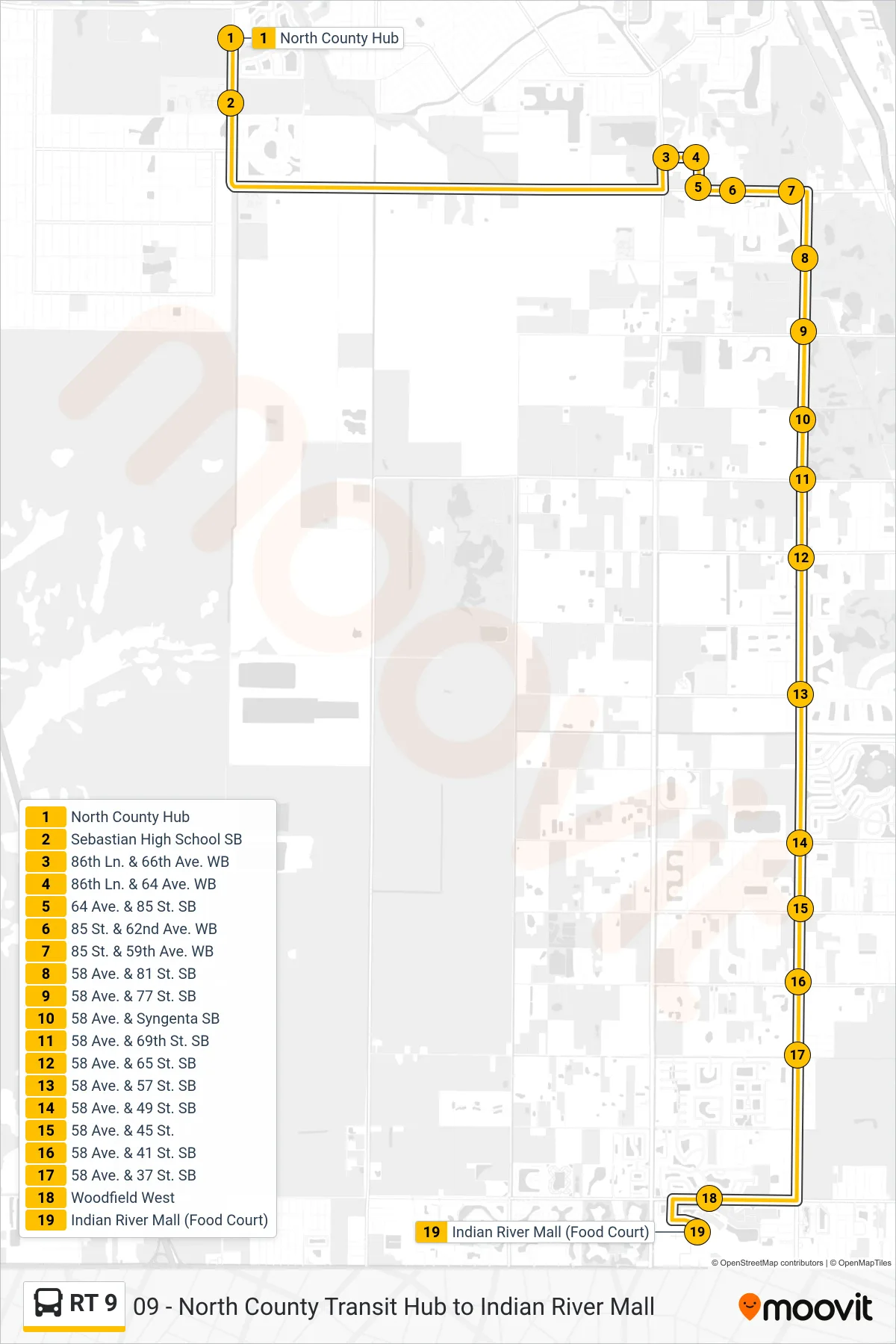 RT 9 bus Line (Indian River Mall (Food Court)) route and stops on a map