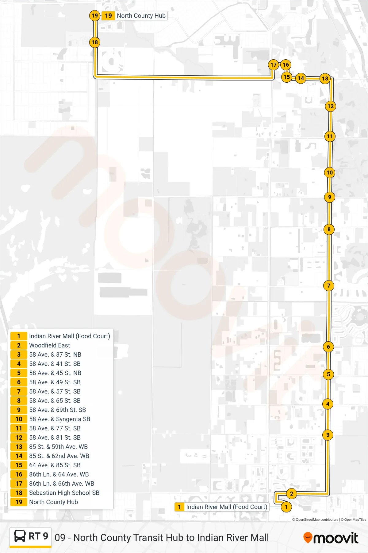 RT 9 bus Line (North County Hub) route and stops on a map