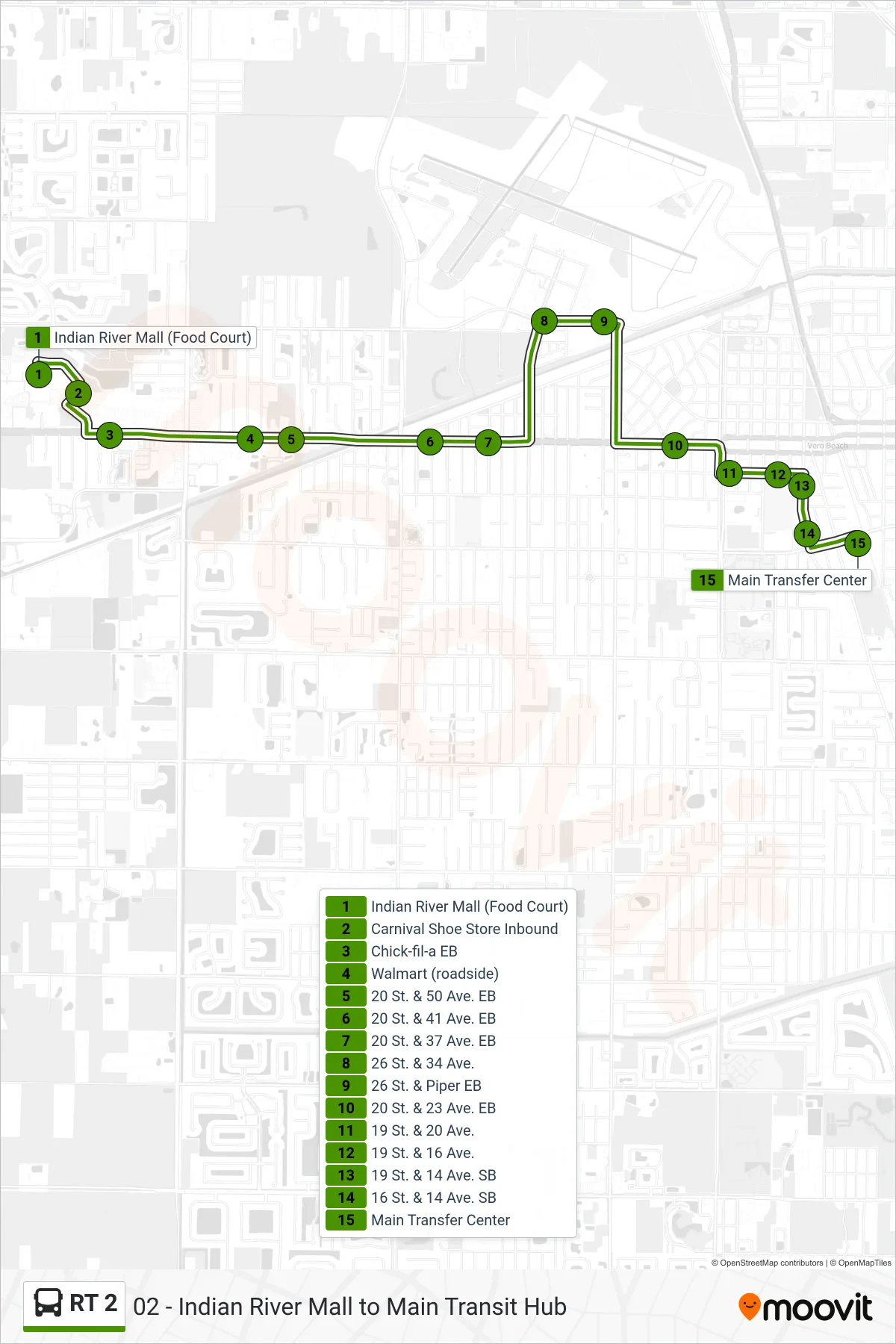 RT 2 bus Line (Main Transfer Center) route and stops on a map