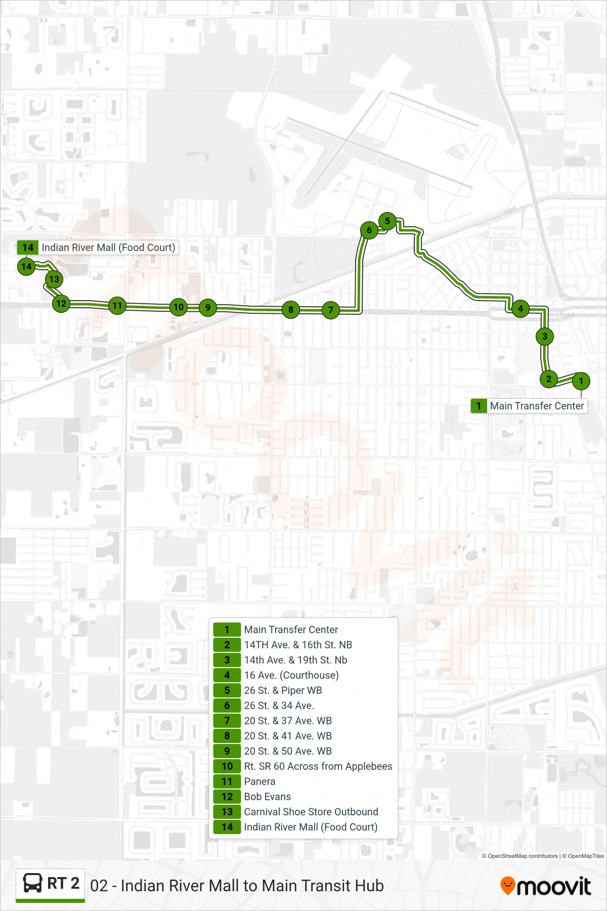 RT 2 bus Line (Indian River Mall (Food Court)) route and stops on a map