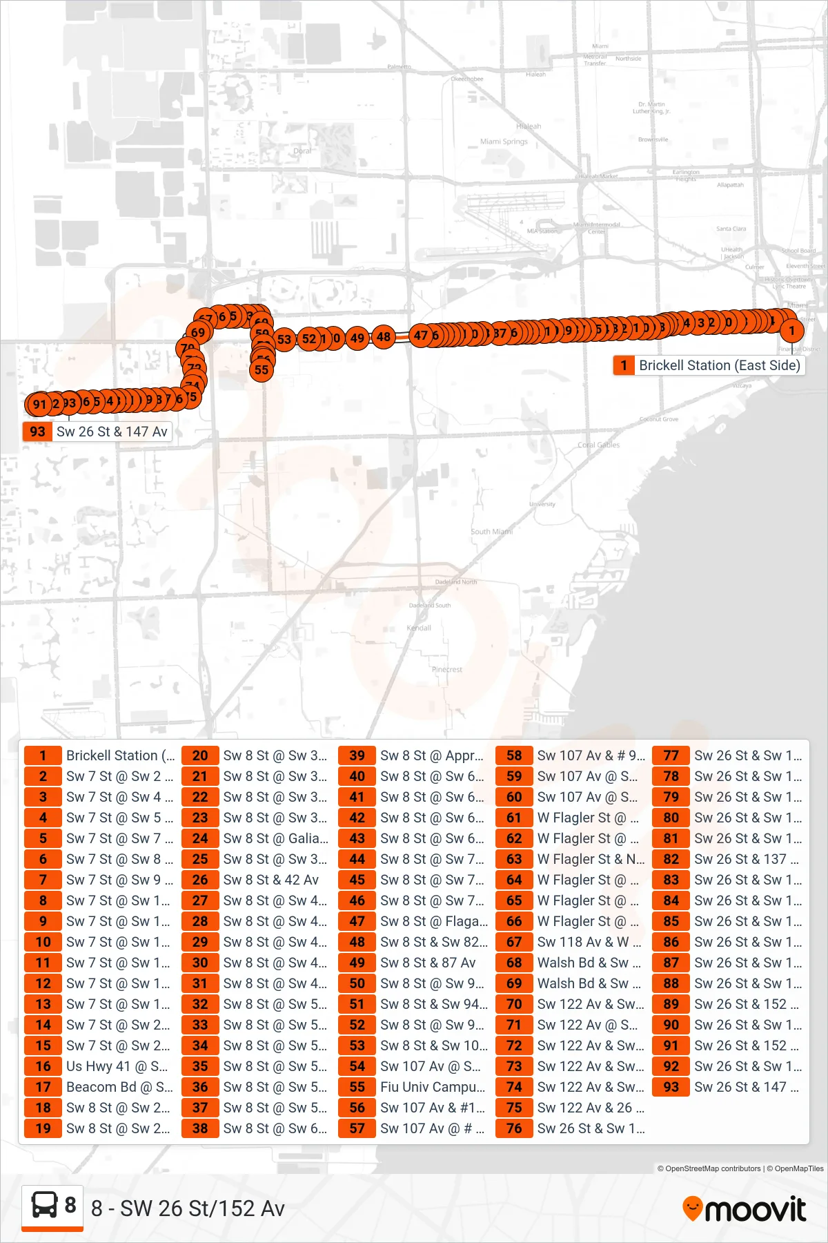 8 bus Line (8 - SW 26 St/152 Av) route and stops on a map