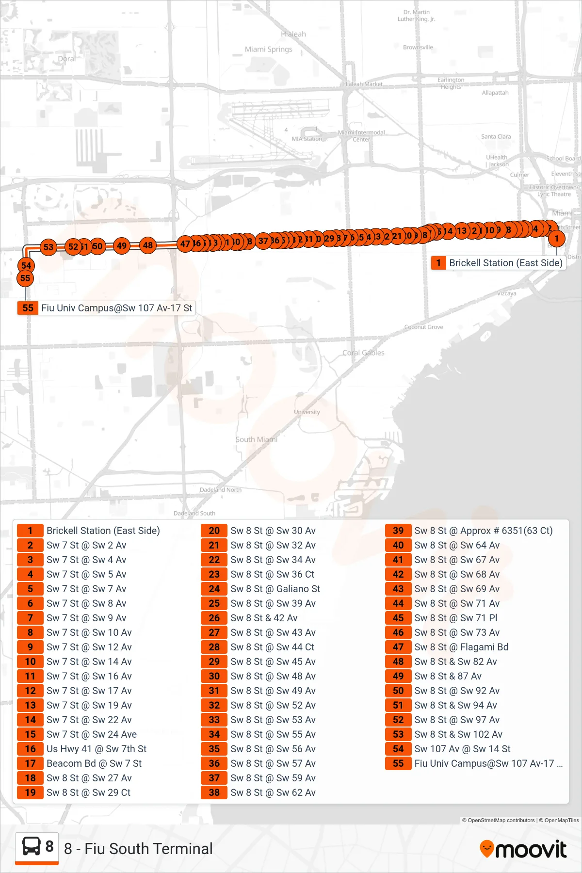 8 bus Line (8 - Fiu South Terminal) route and stops on a map