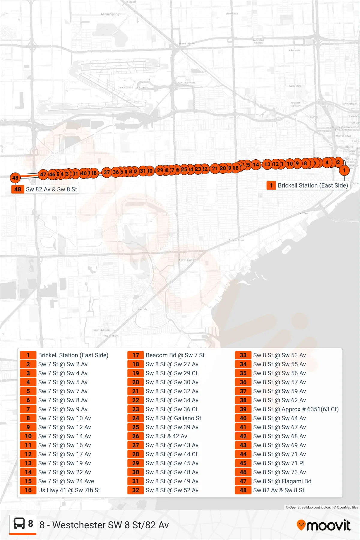 8 bus Line (8 - Westchester SW 8 St/82 Av) route and stops on a map