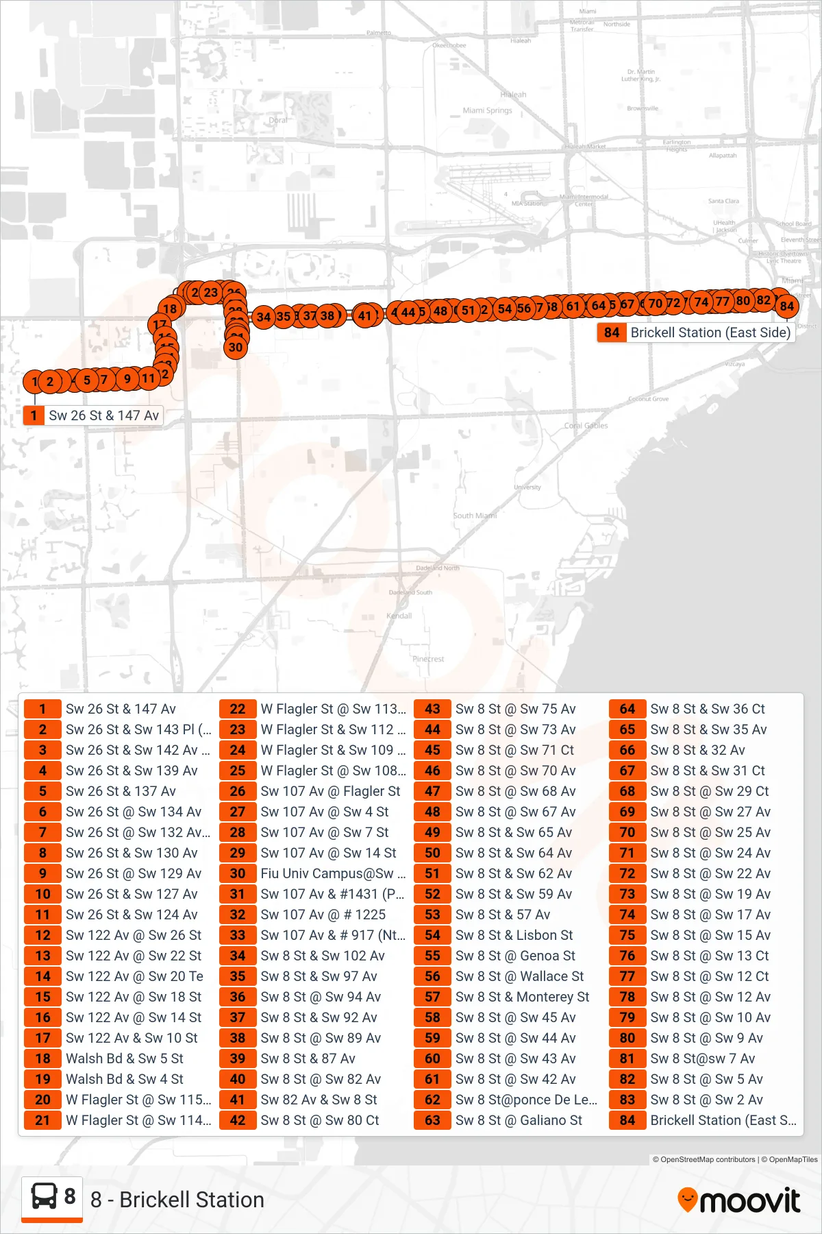 8 bus Line (8 - Brickell Station) route and stops on a map