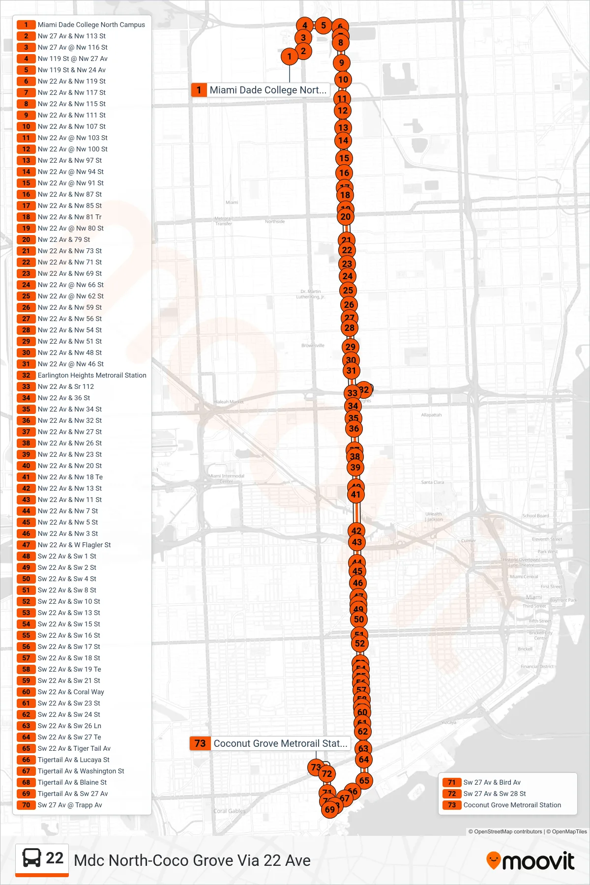 22 bus Line (22 - Coconut Grove Station) route and stops on a map