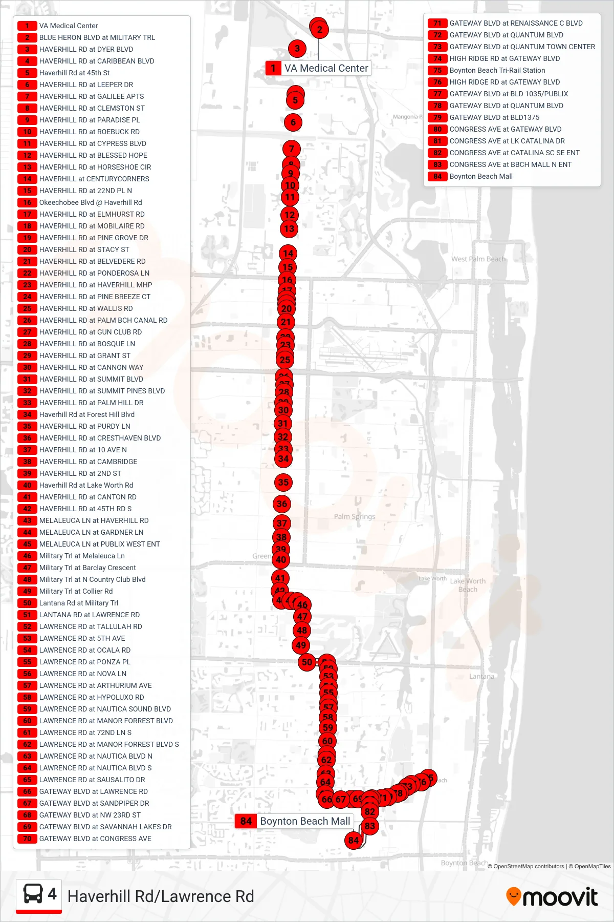 4 bus Line (Rt 4 Southbound) route and stops on a map