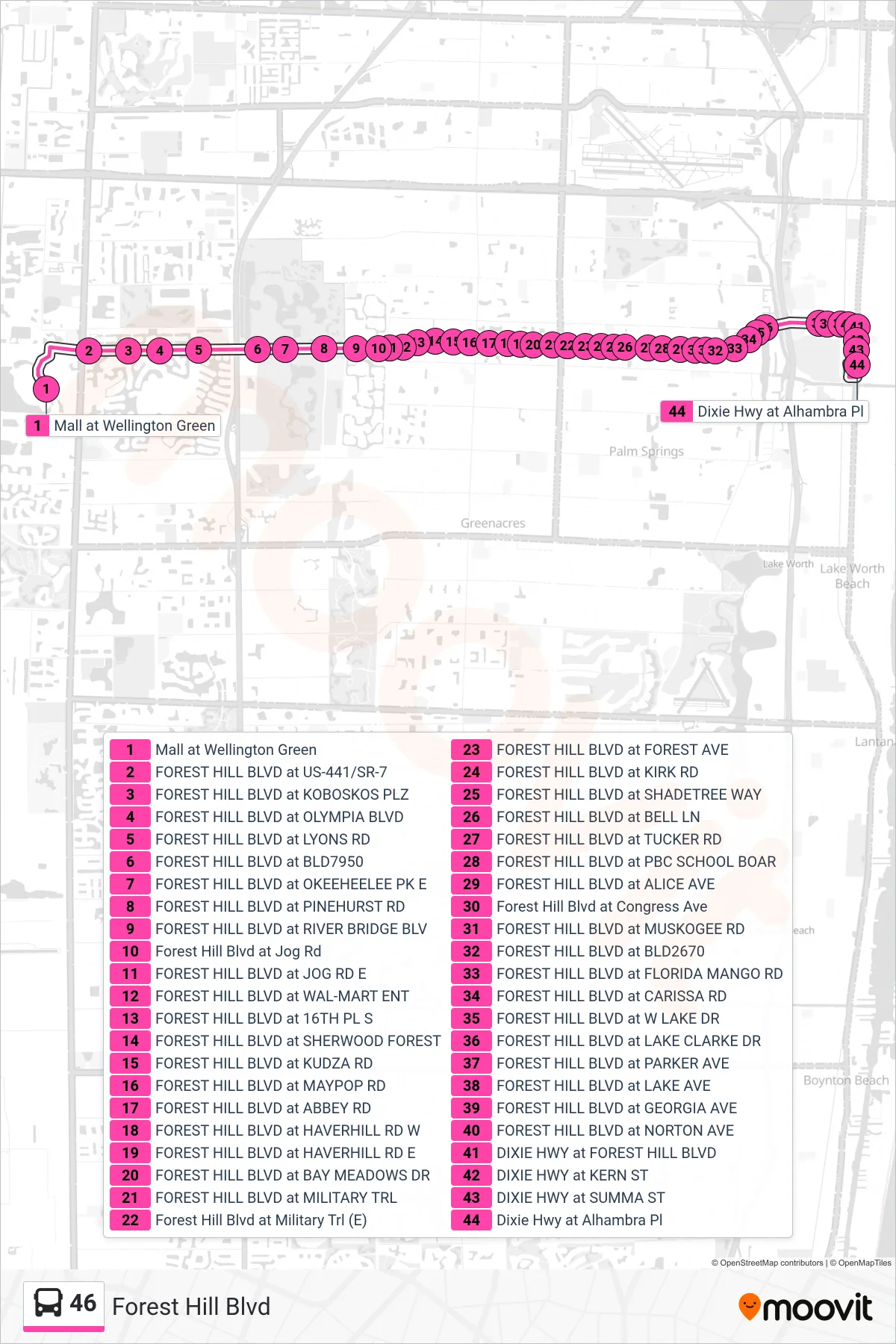 46 bus Line (Rt 46 Eastbound) route and stops on a map