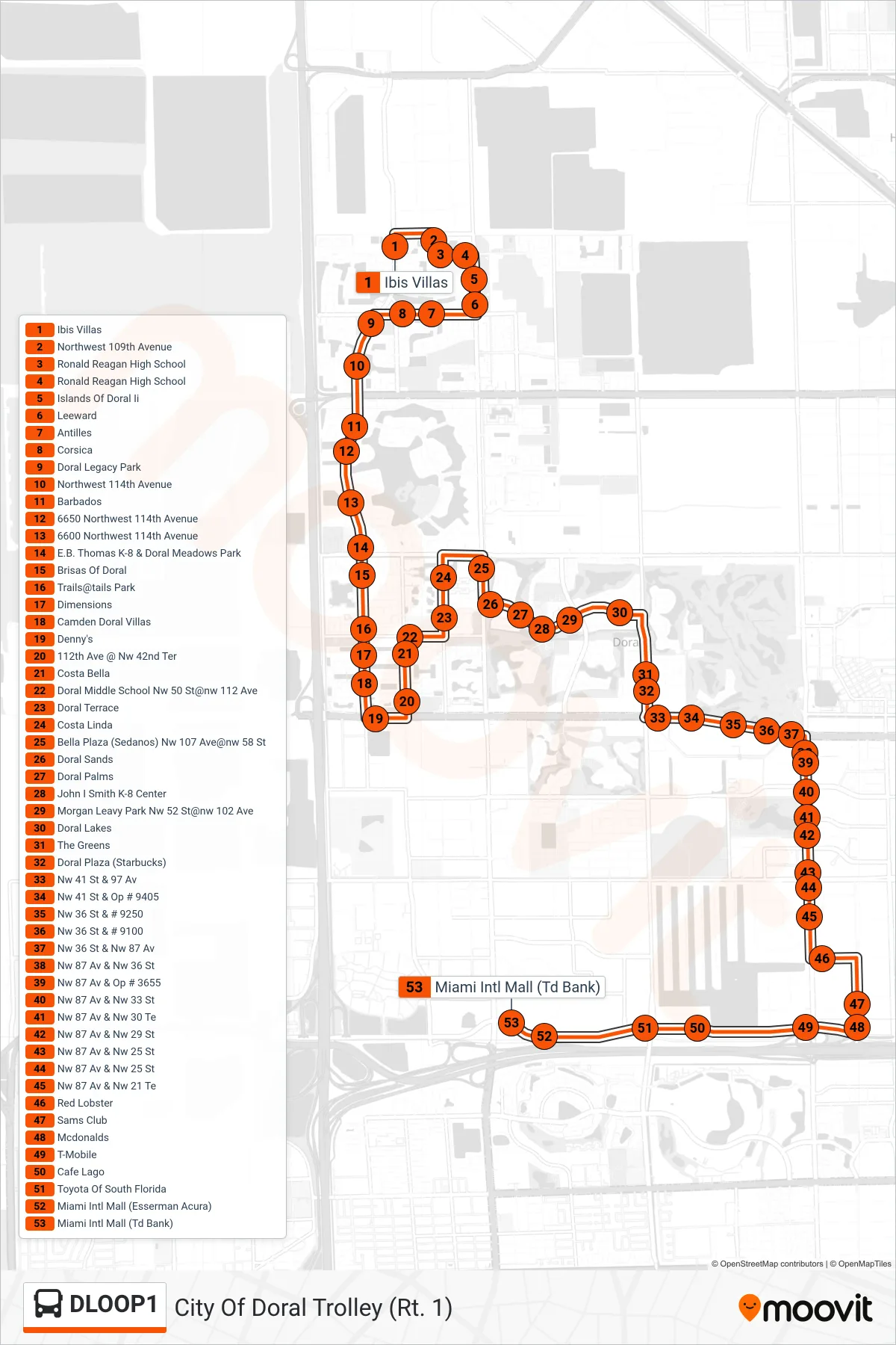 DLOOP1 bus Line (City Of Doral Trolley (Rt. 1)) route and stops on a map