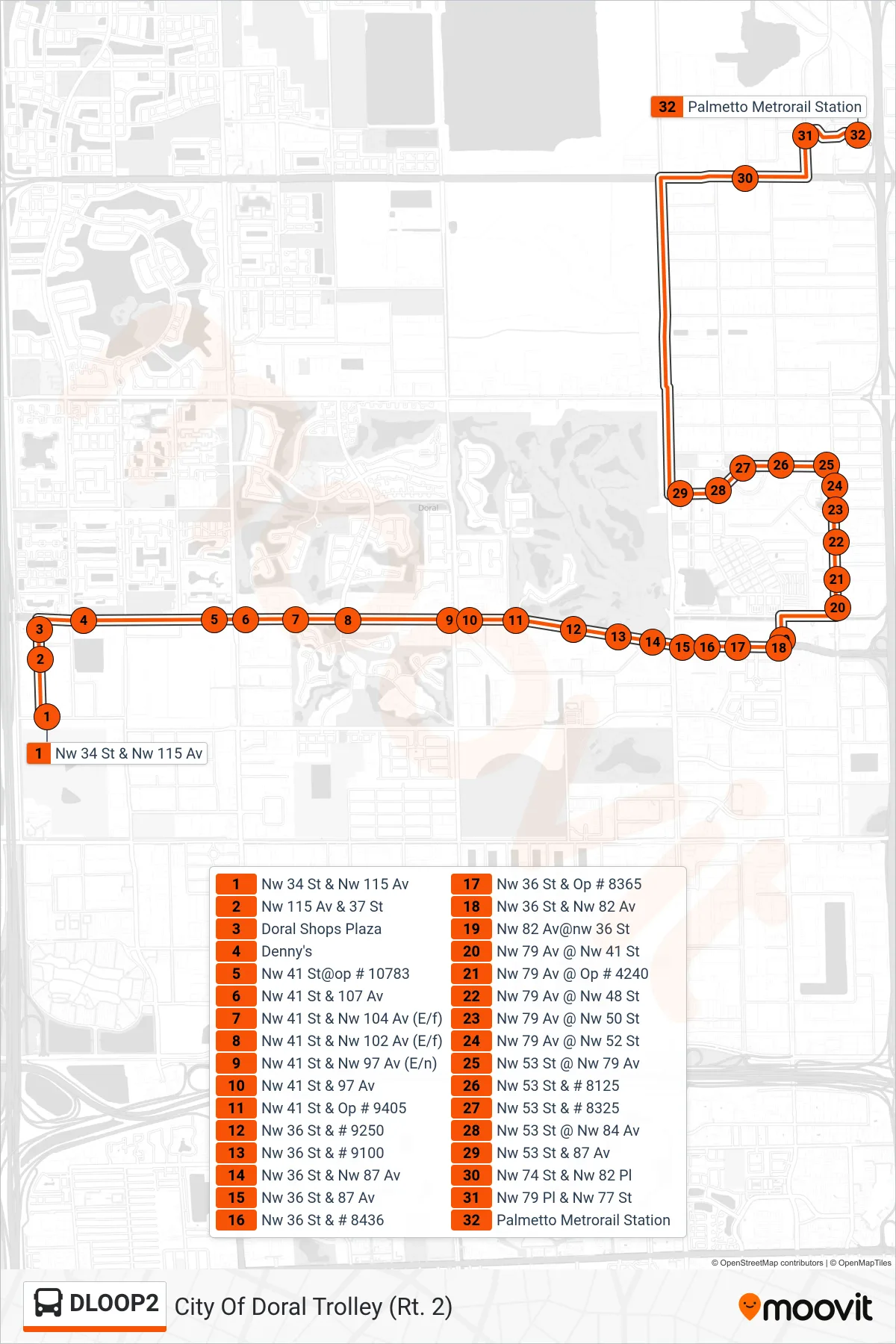 DLOOP2 bus Line (City Of Doral Trolley (Rt. 2)) route and stops on a map