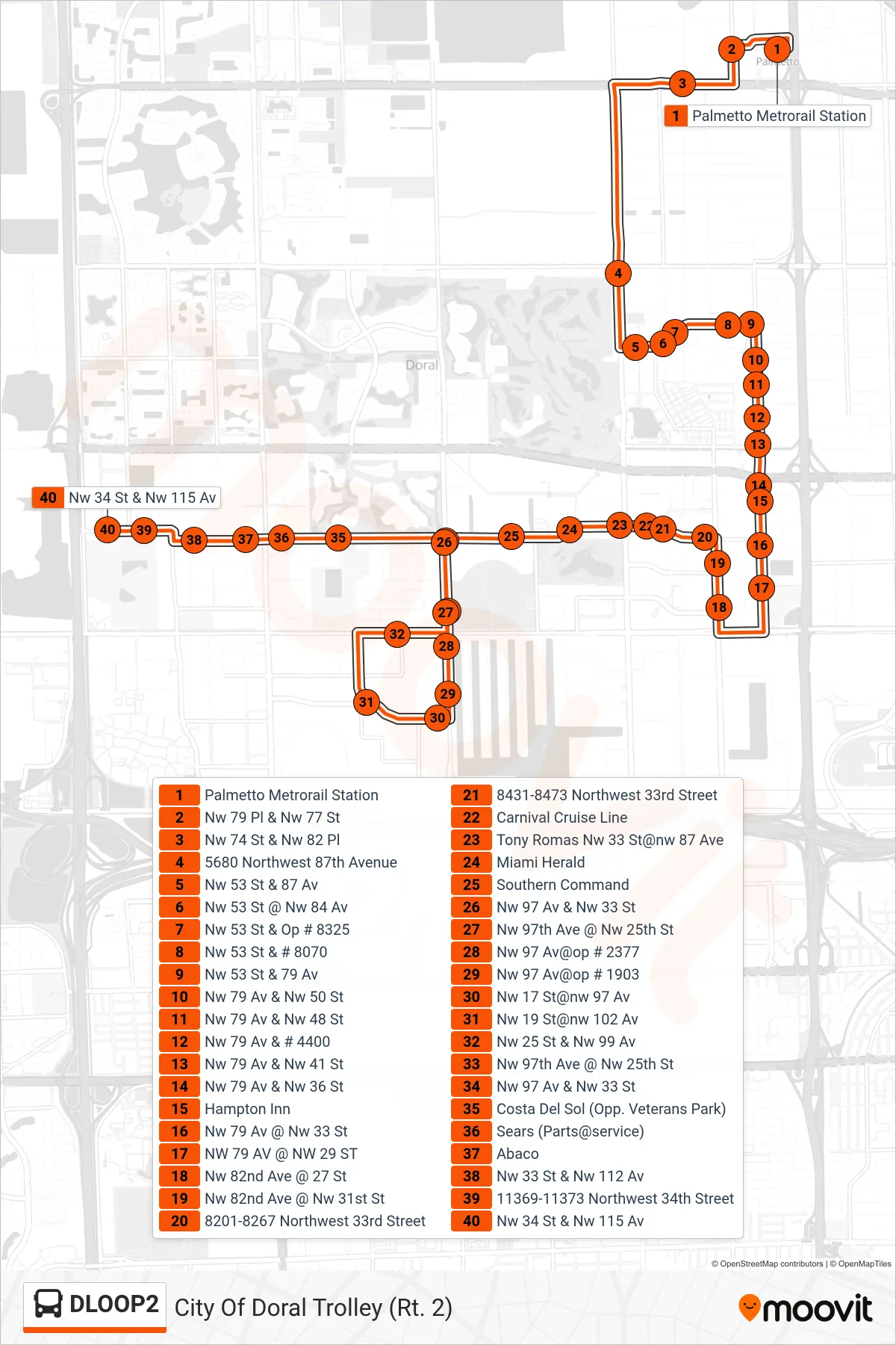 DLOOP2 bus Line (City Of Doral Trolley (Rt. 2)) route and stops on a map
