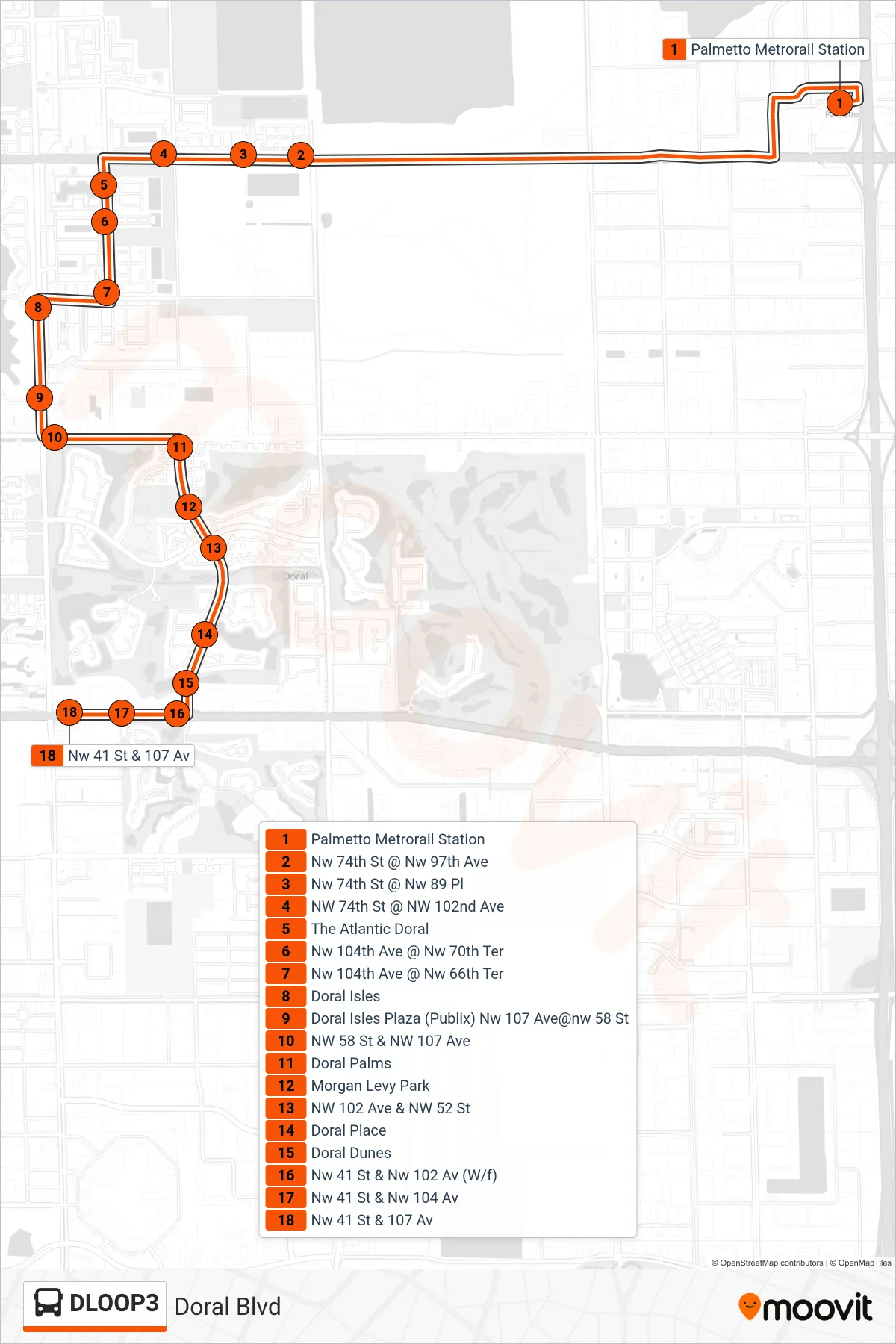 DLOOP3 bus Line (Doral Blvd) route and stops on a map