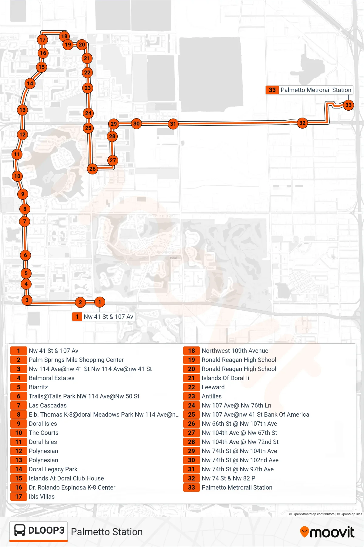 DLOOP3 bus Line (Palmetto Station) route and stops on a map