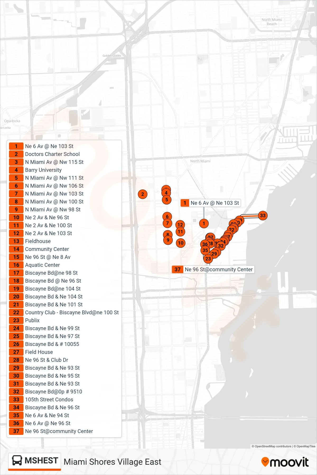 MSHEST bus Line (Miami Shores Village East) route and stops on a map