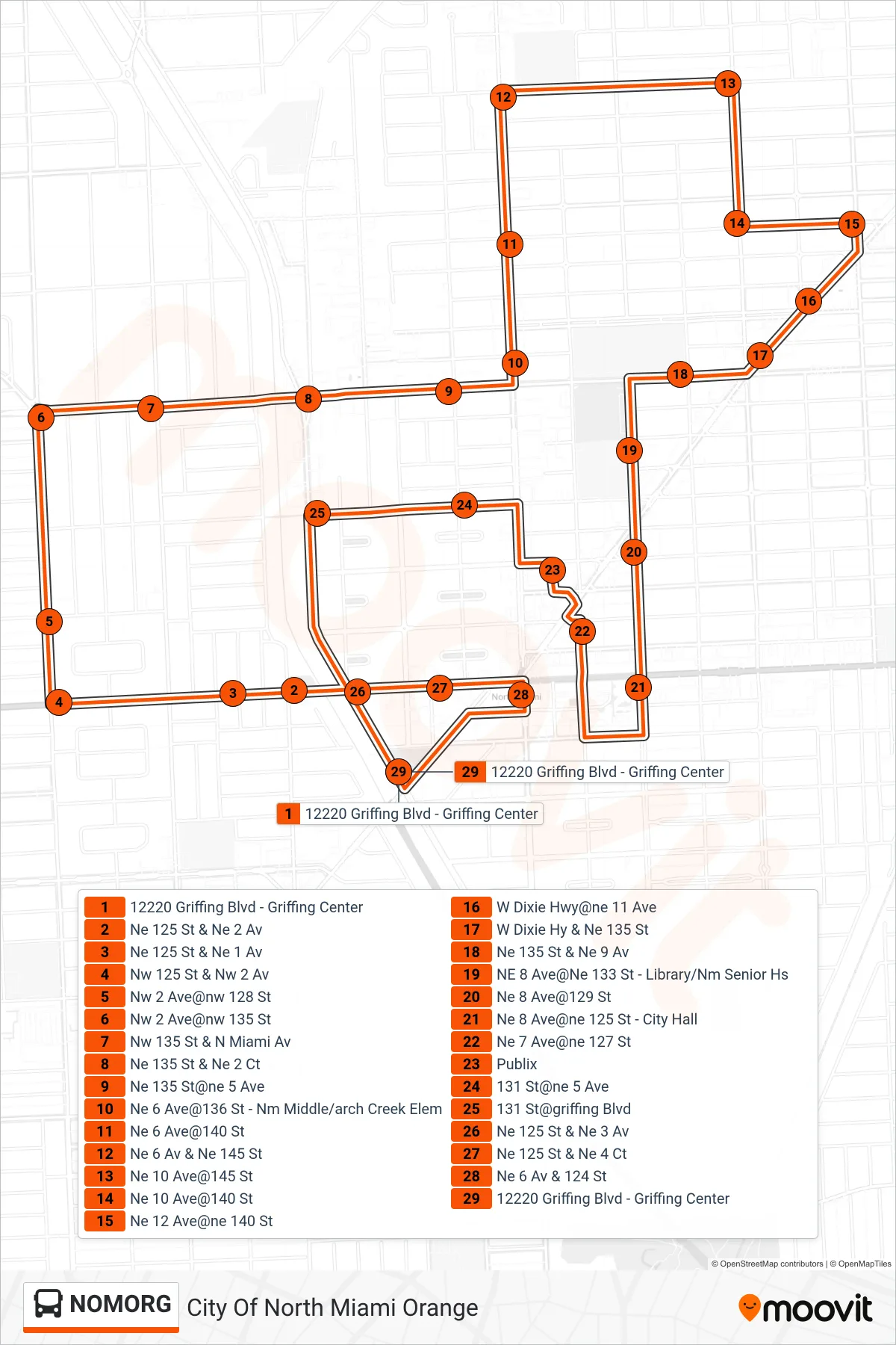 NOMORG bus Line (City Of North Miami Orange) route and stops on a map