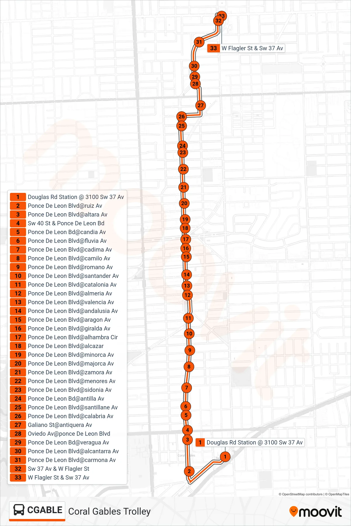 CGABLE bus Line (Coral Gables Trolley) route and stops on a map