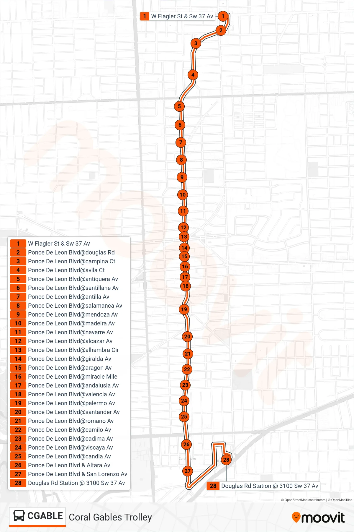 CGABLE bus Line (Coral Gables Trolley) route and stops on a map