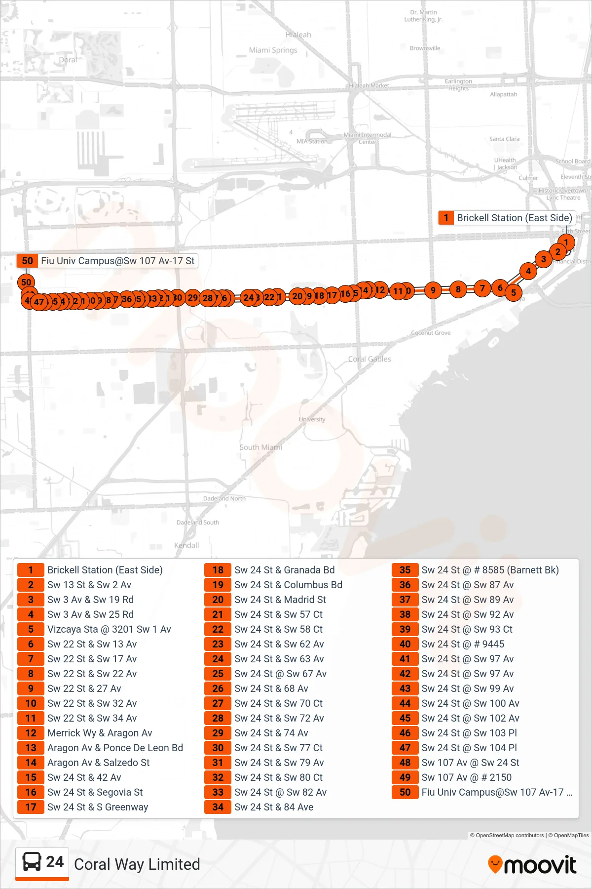 24 bus Line (24 - Fiu South Terminal) route and stops on a map
