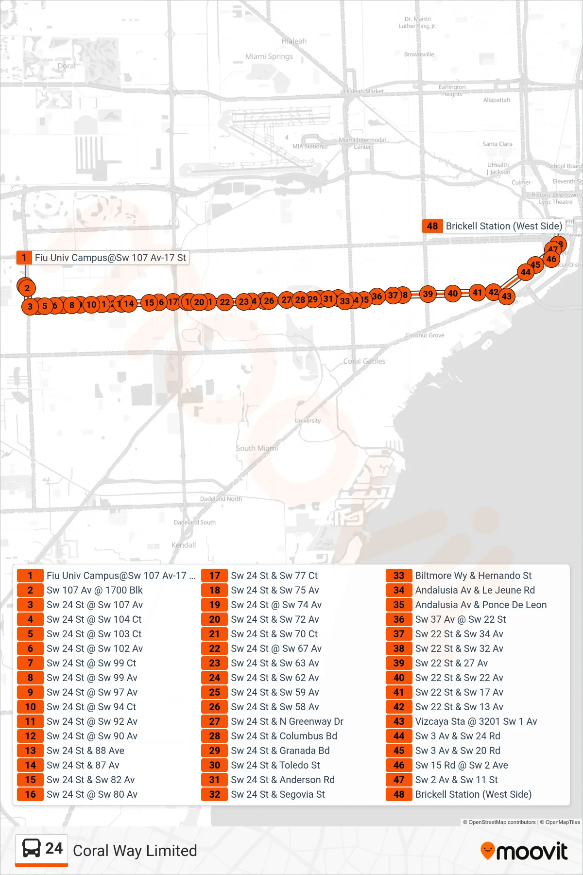 24 bus Line (24 - Brickell Staton) route and stops on a map