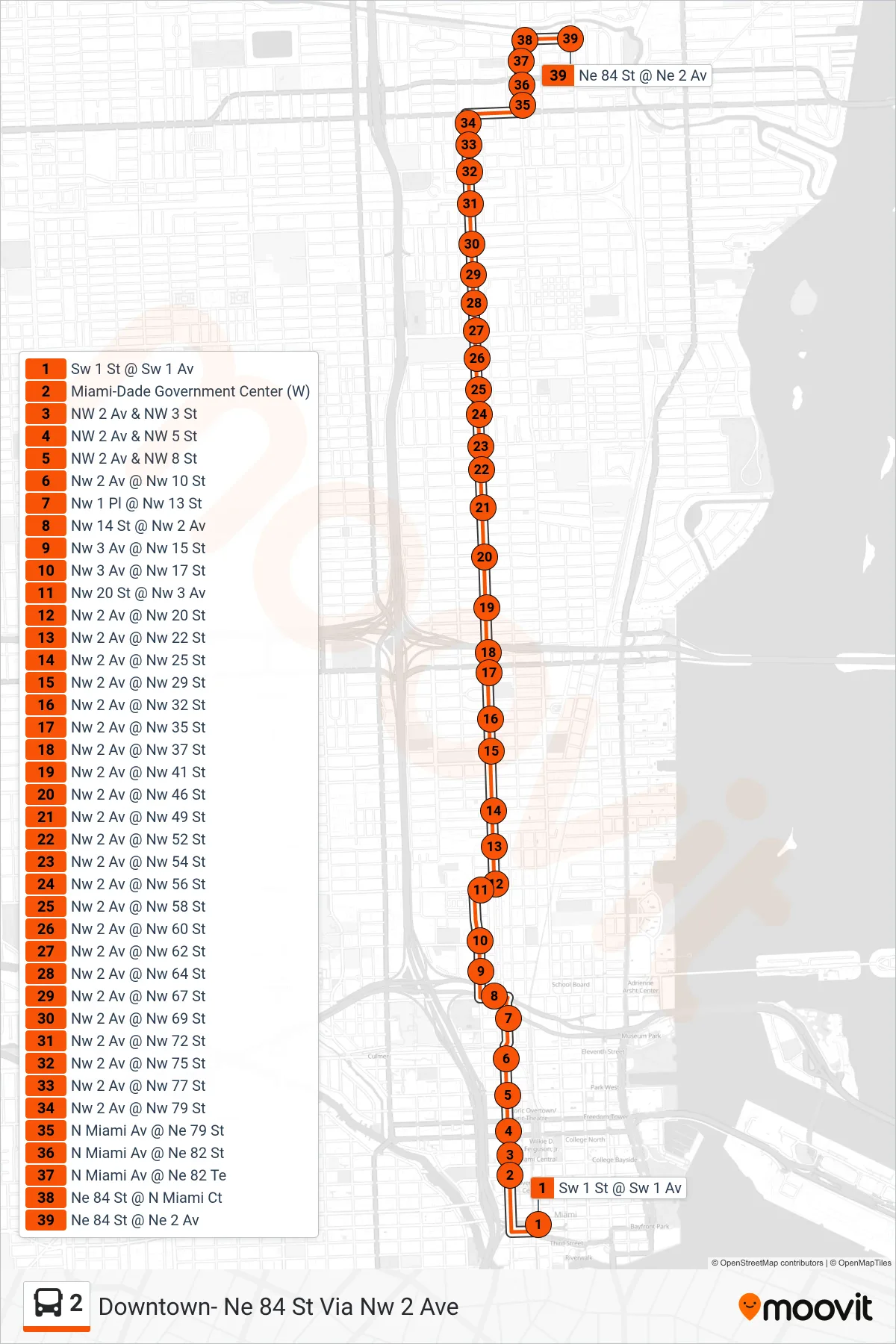 2 bus Line (2 - NE 84st/2 Av) route and stops on a map
