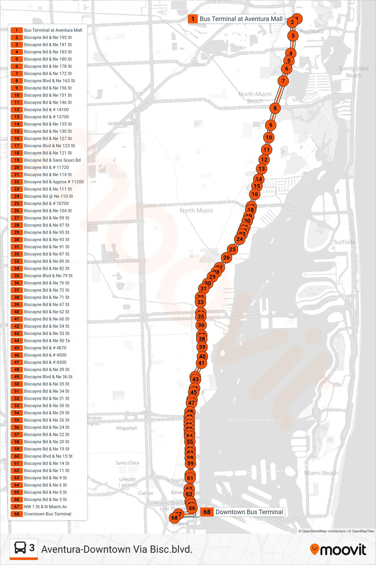 3 bus Line (3 - Downtown Miami) route and stops on a map