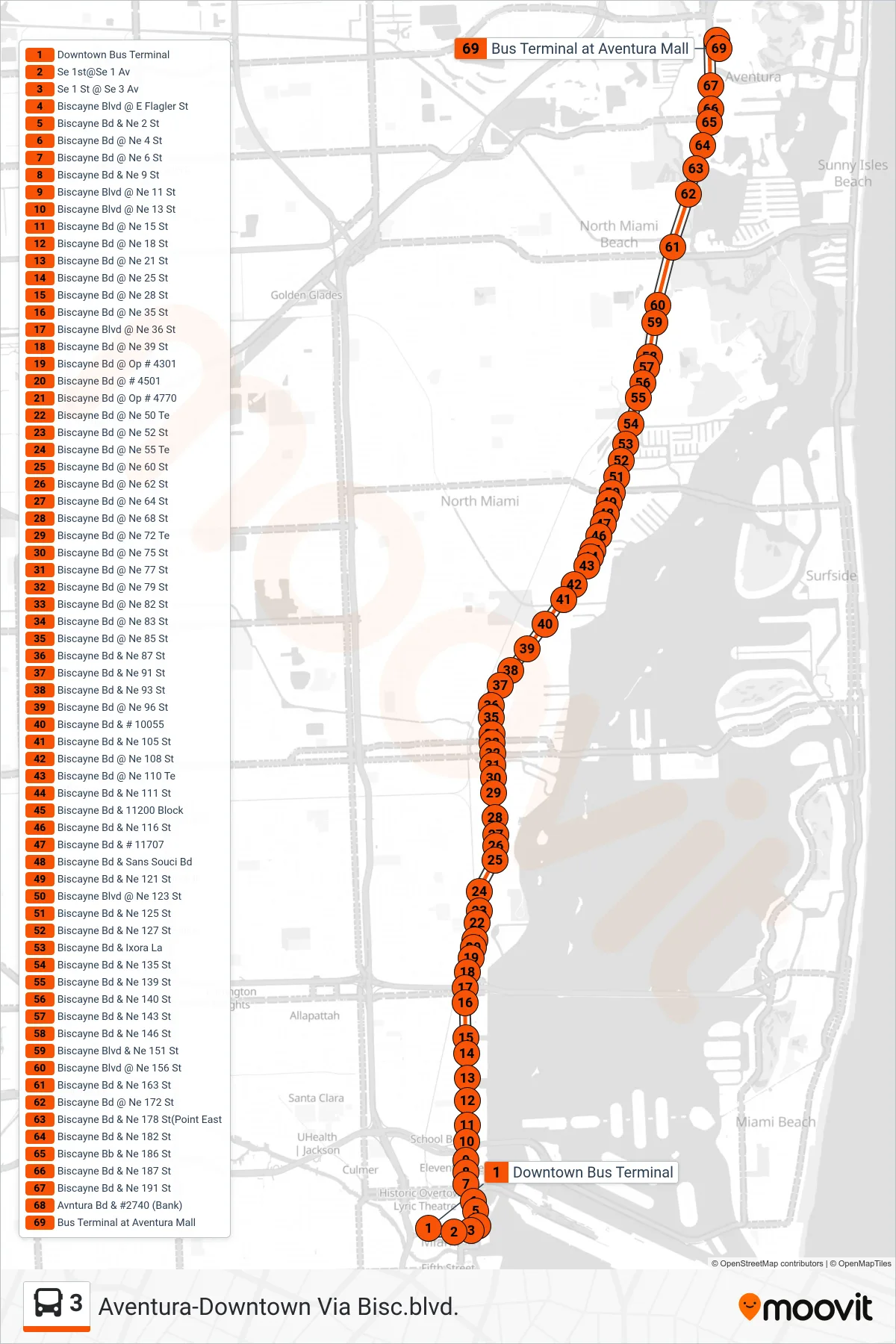 3 bus Line (3 - Aventura Mall Terminal) route and stops on a map