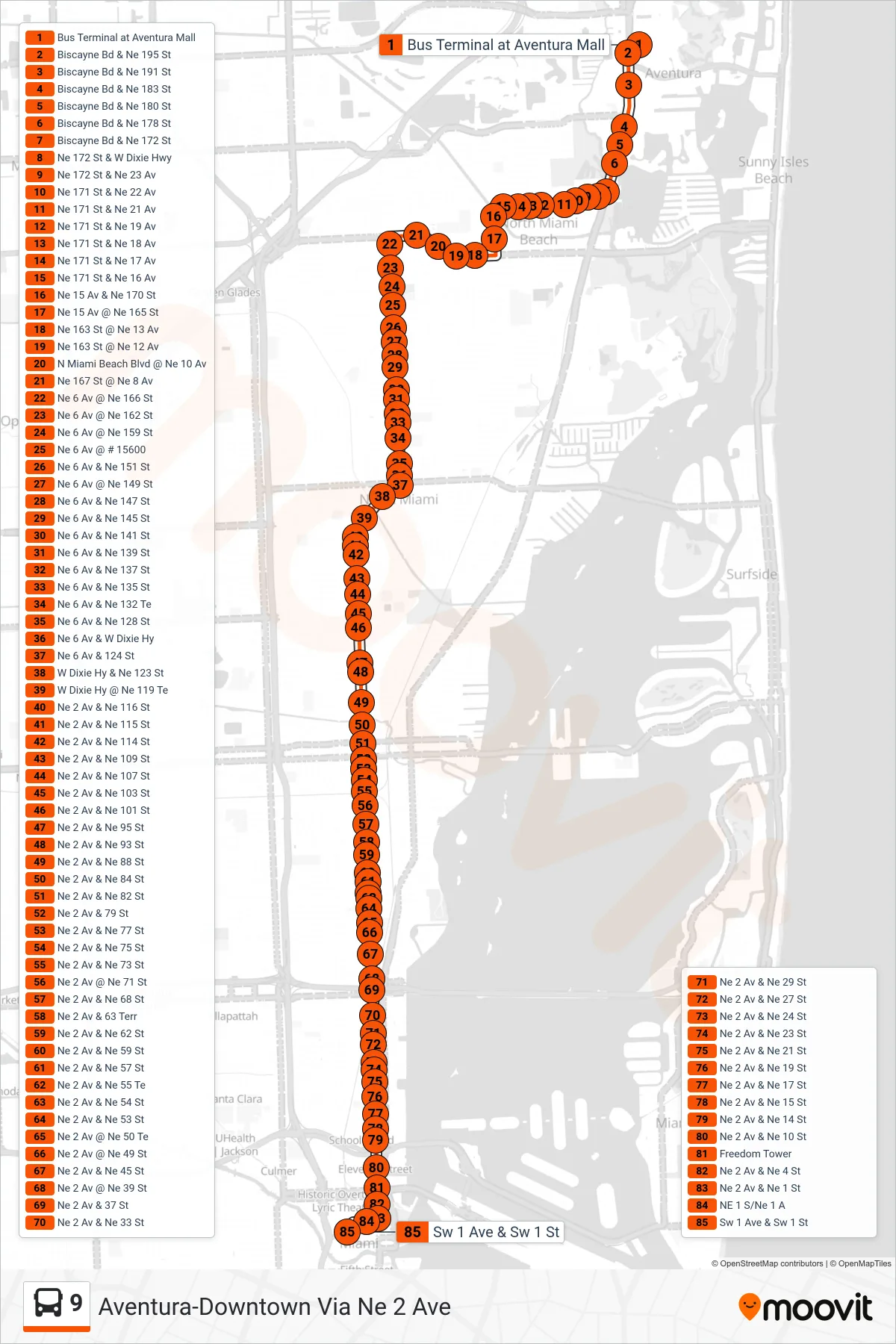9 bus Line (9a - Downtown Miami Via 171 St) route and stops on a map