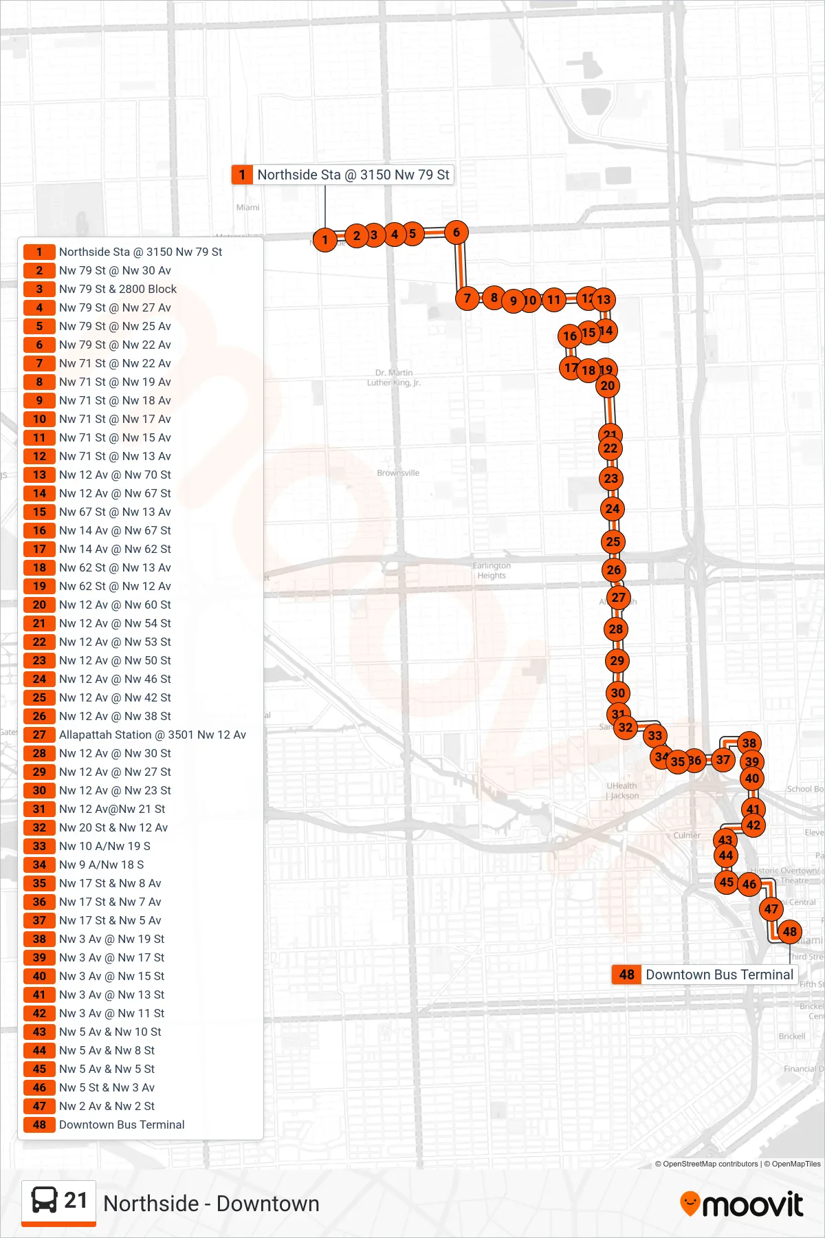 21 bus Line (21 - Downtown Miami) route and stops on a map