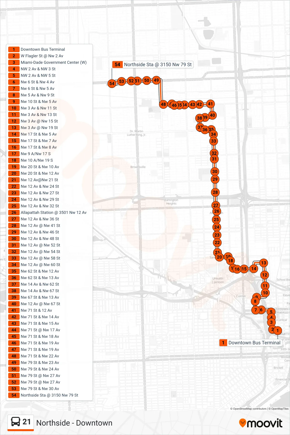 21 bus Line (21 - Northside Station) route and stops on a map