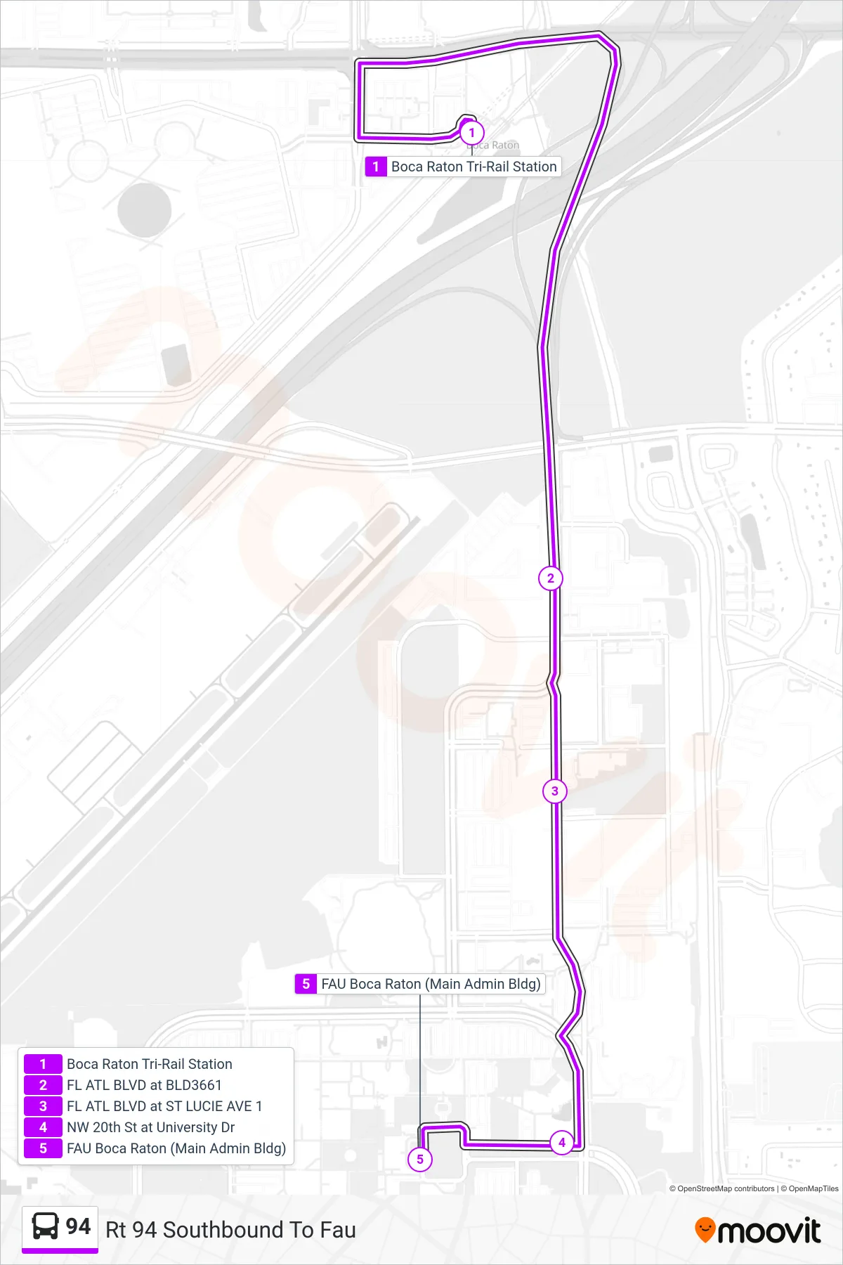 94 bus Line (Rt 94 Southbound To Fau) route and stops on a map
