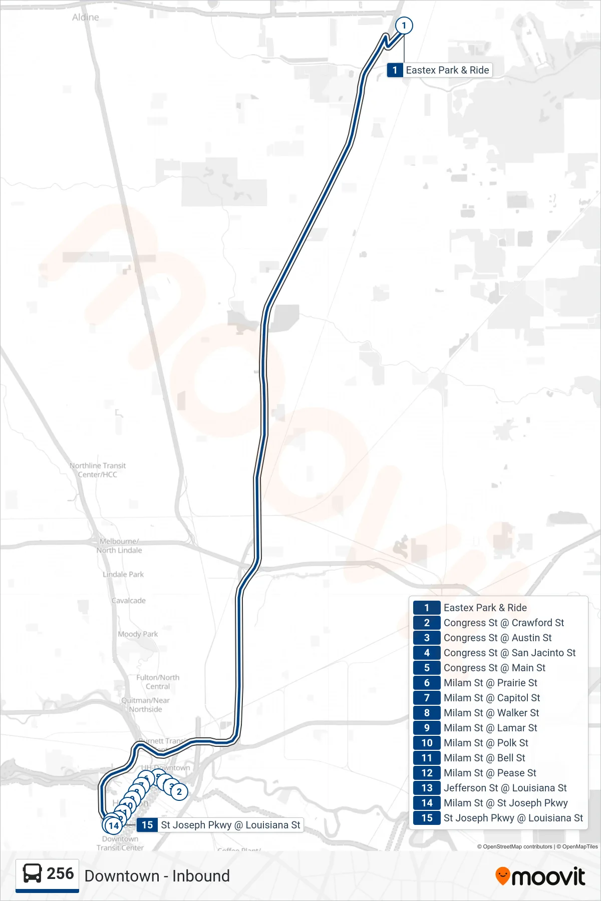 256 bus Line (Downtown - Inbound) route and stops on a map