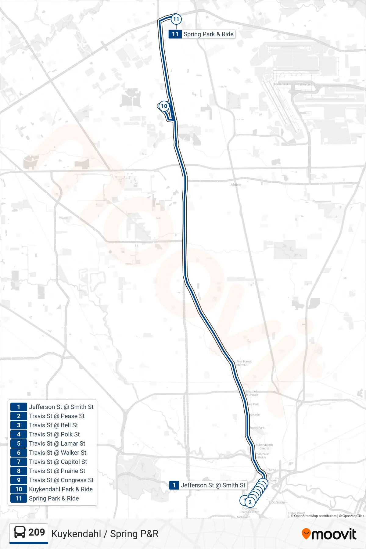 209 bus Line (Kuykendahl/Spring - Outbound) route and stops on a map