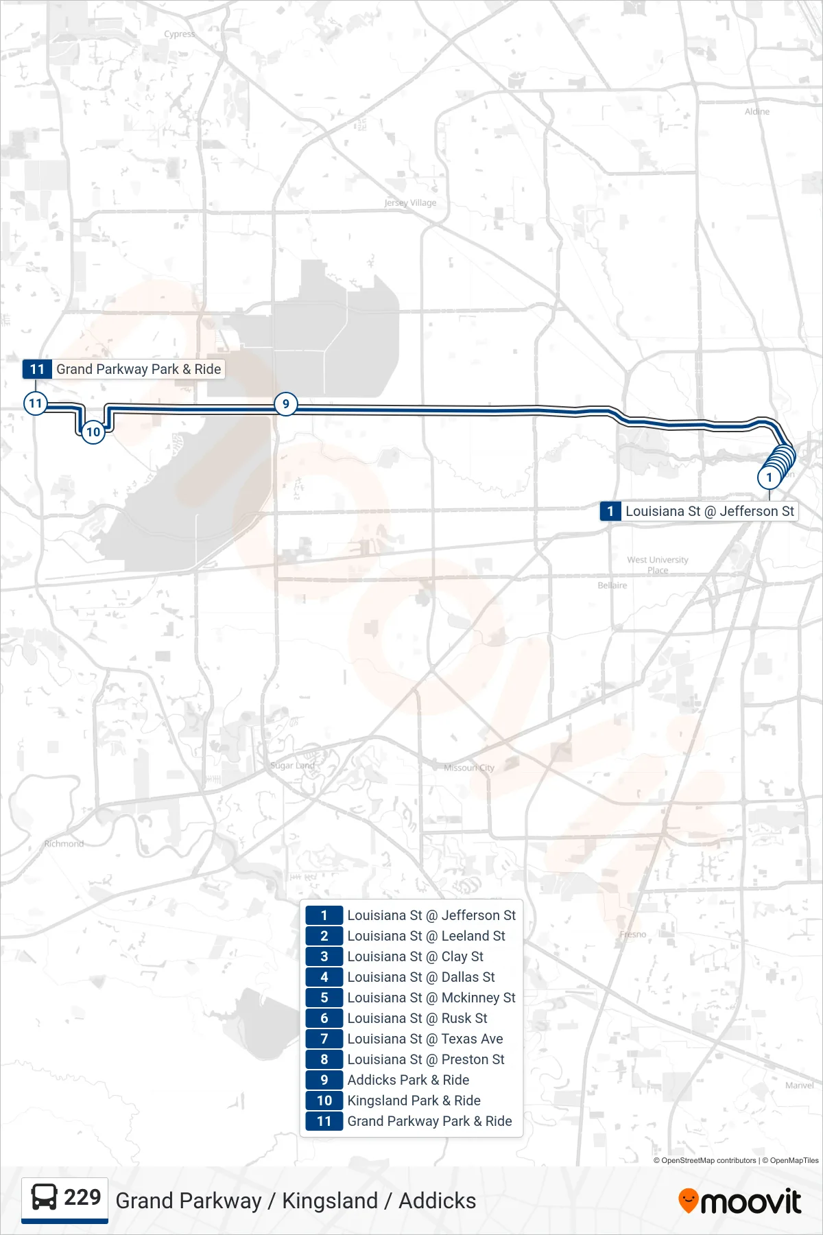 229 bus Line (Addicks/Kingsland/Grand Parkway - Outbound) route and stops on a map