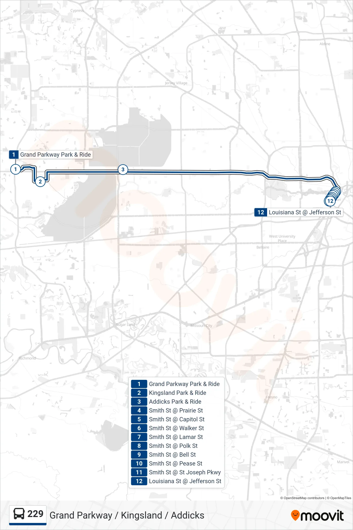 229 bus Line (Grand Parkway/Kingsland/Addicks/Downtown - Inbound) route and stops on a map