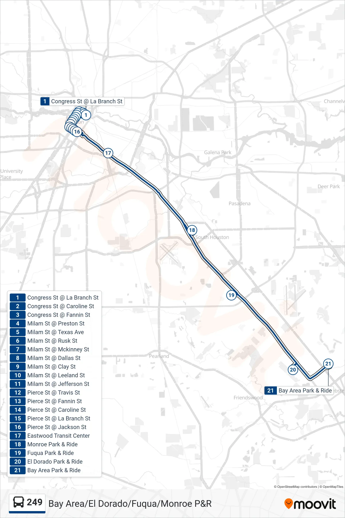 249 bus Line (Eastwood Tc / Monroe/ Fuqua/ El Dorado/ Bay Area - Outbound) route and stops on a map