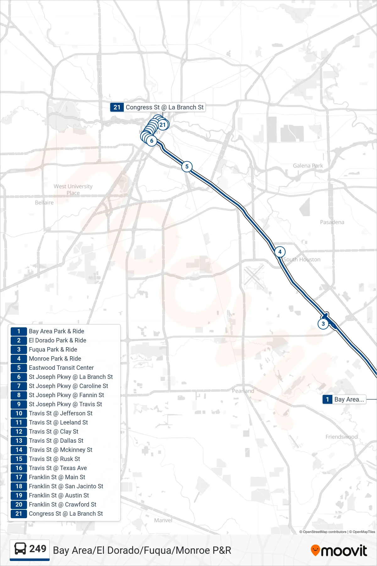 249 bus Line (Downtown / Via Eastwood Tc - Inbound) route and stops on a map