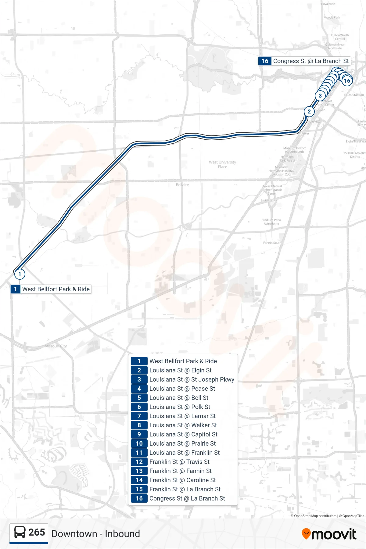 265 bus Line (Downtown - Inbound) route and stops on a map