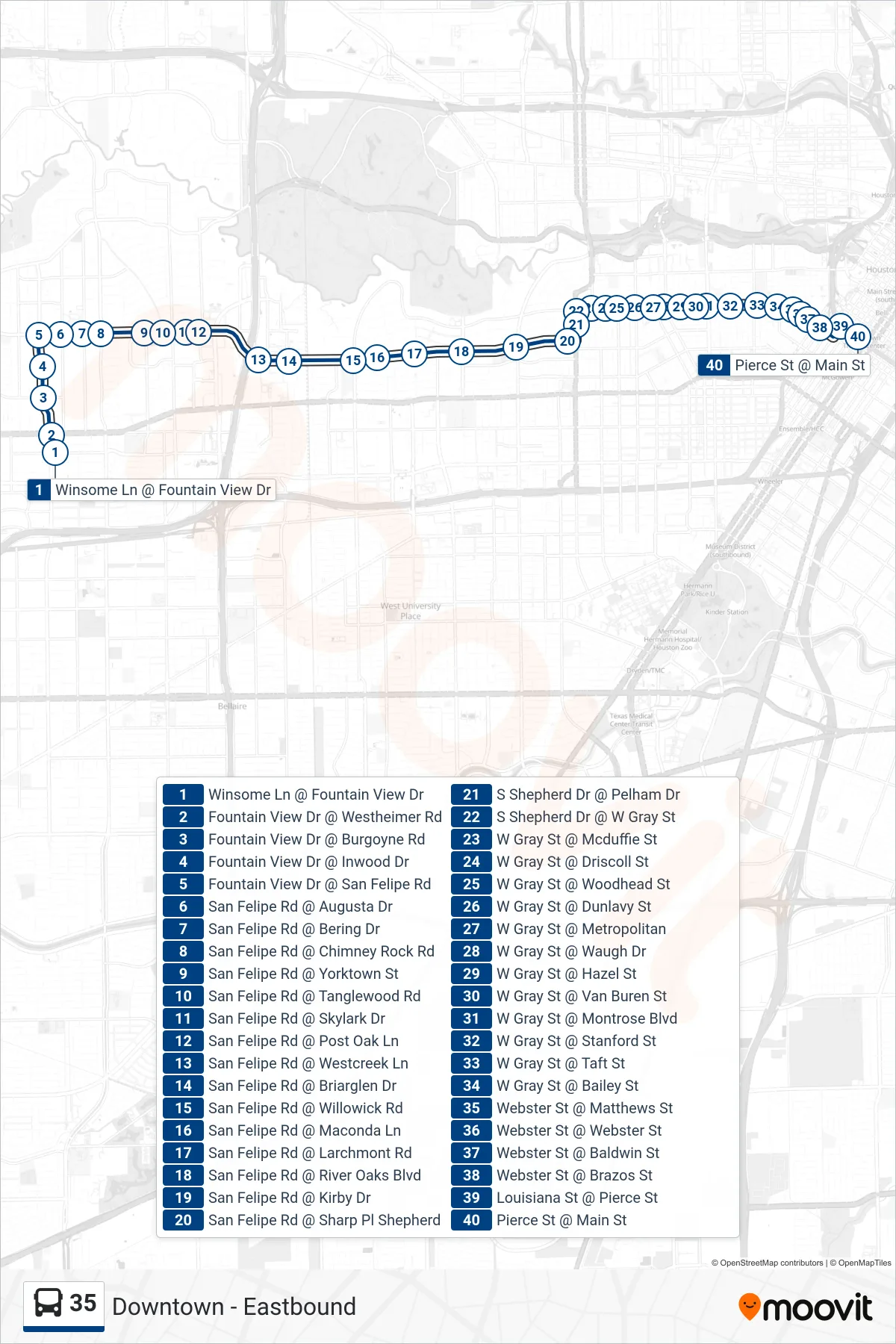 35 bus Line (Downtown - Eastbound) route and stops on a map