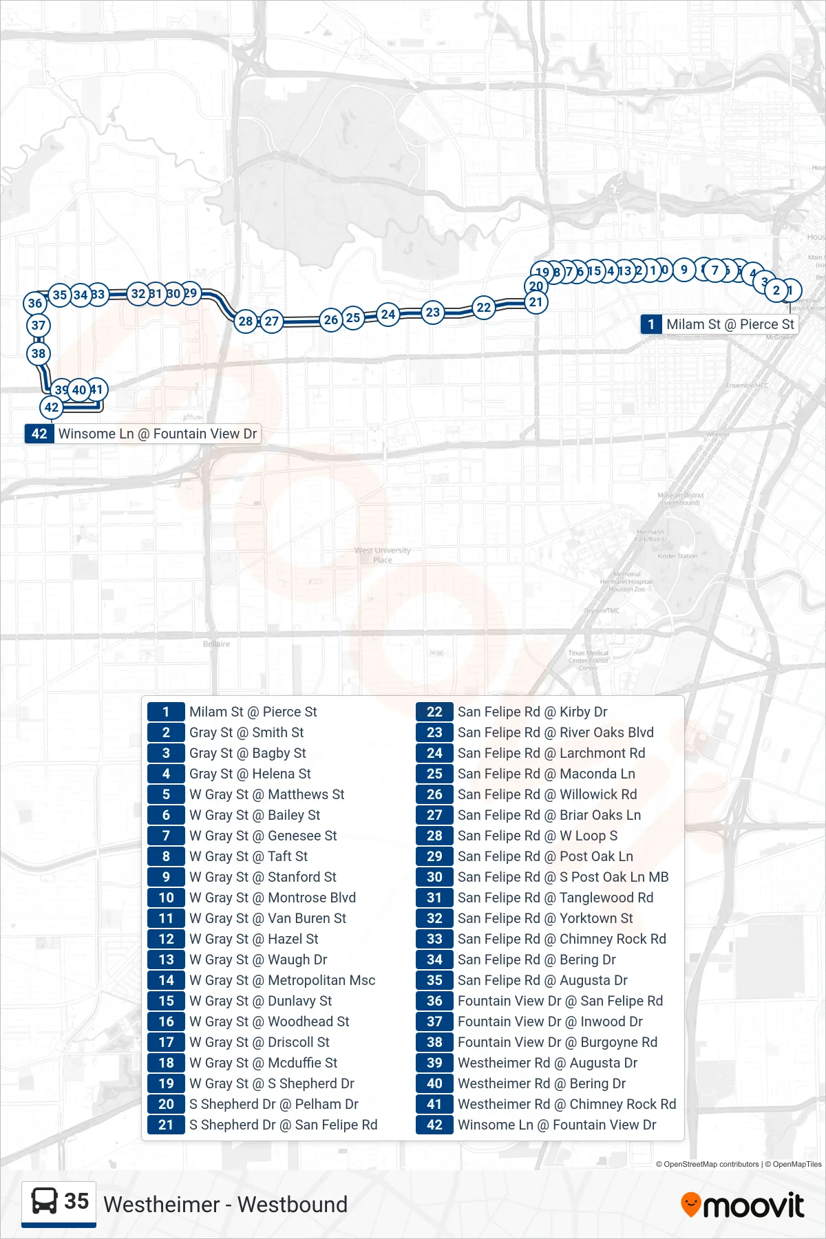 35 bus Line (Westheimer - Westbound) route and stops on a map