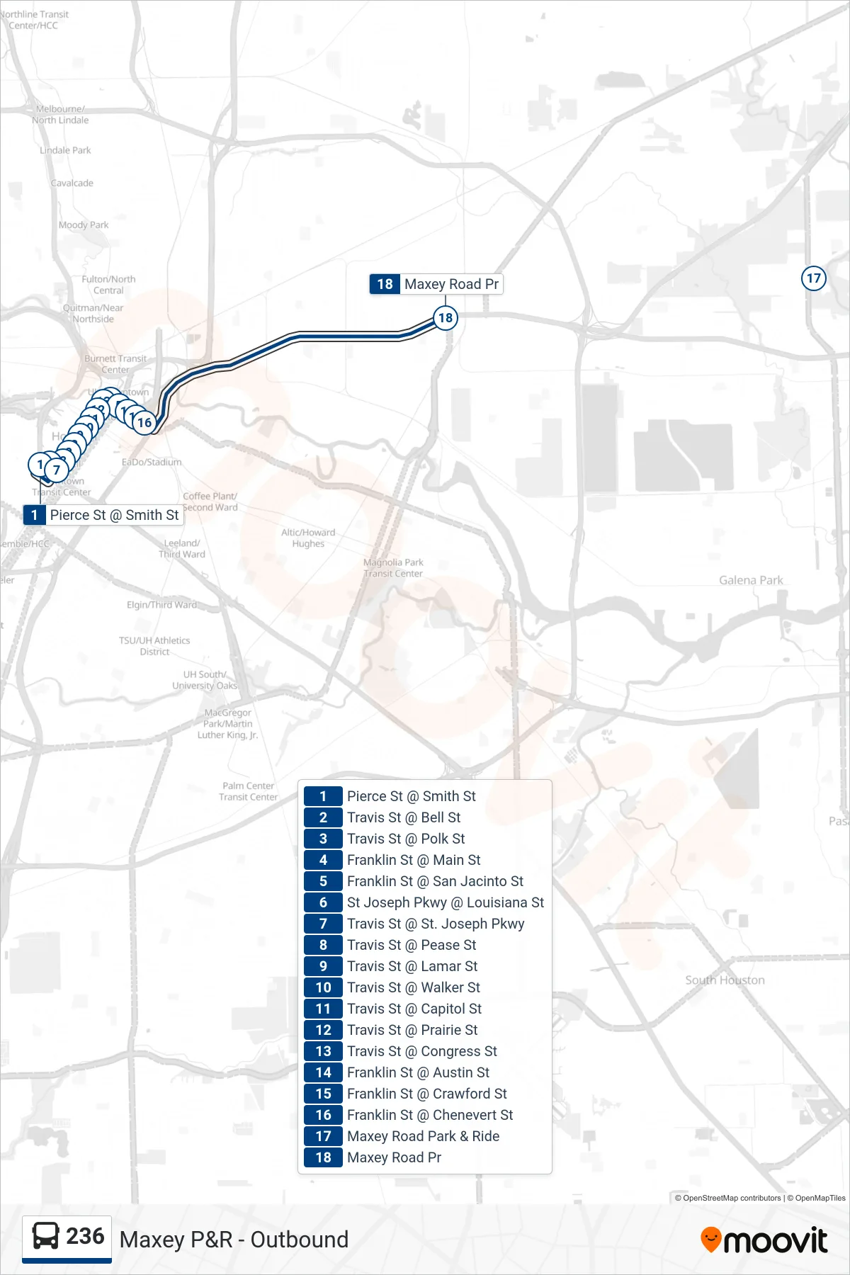 236 bus Line (Maxey P&R - Outbound) route and stops on a map