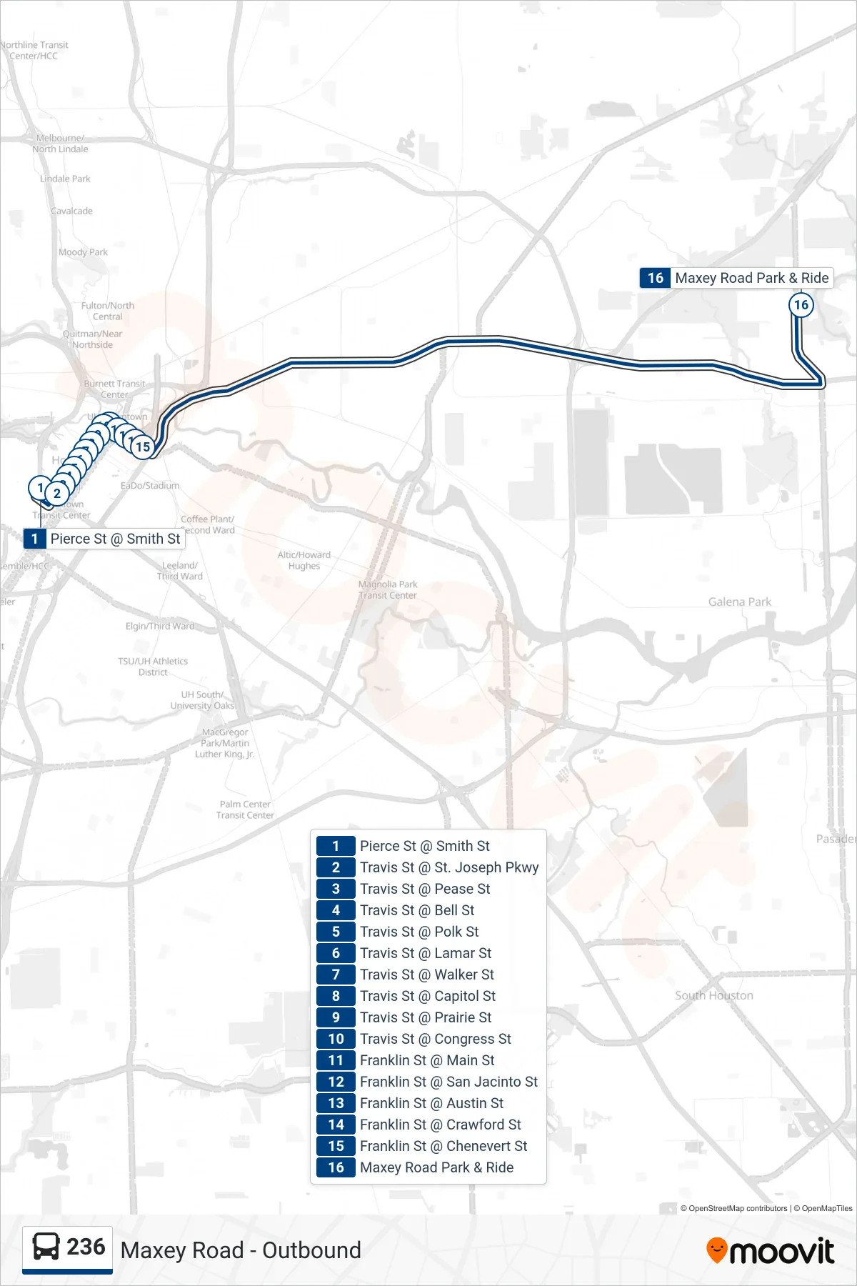 236 bus Line (Maxey Road - Outbound) route and stops on a map