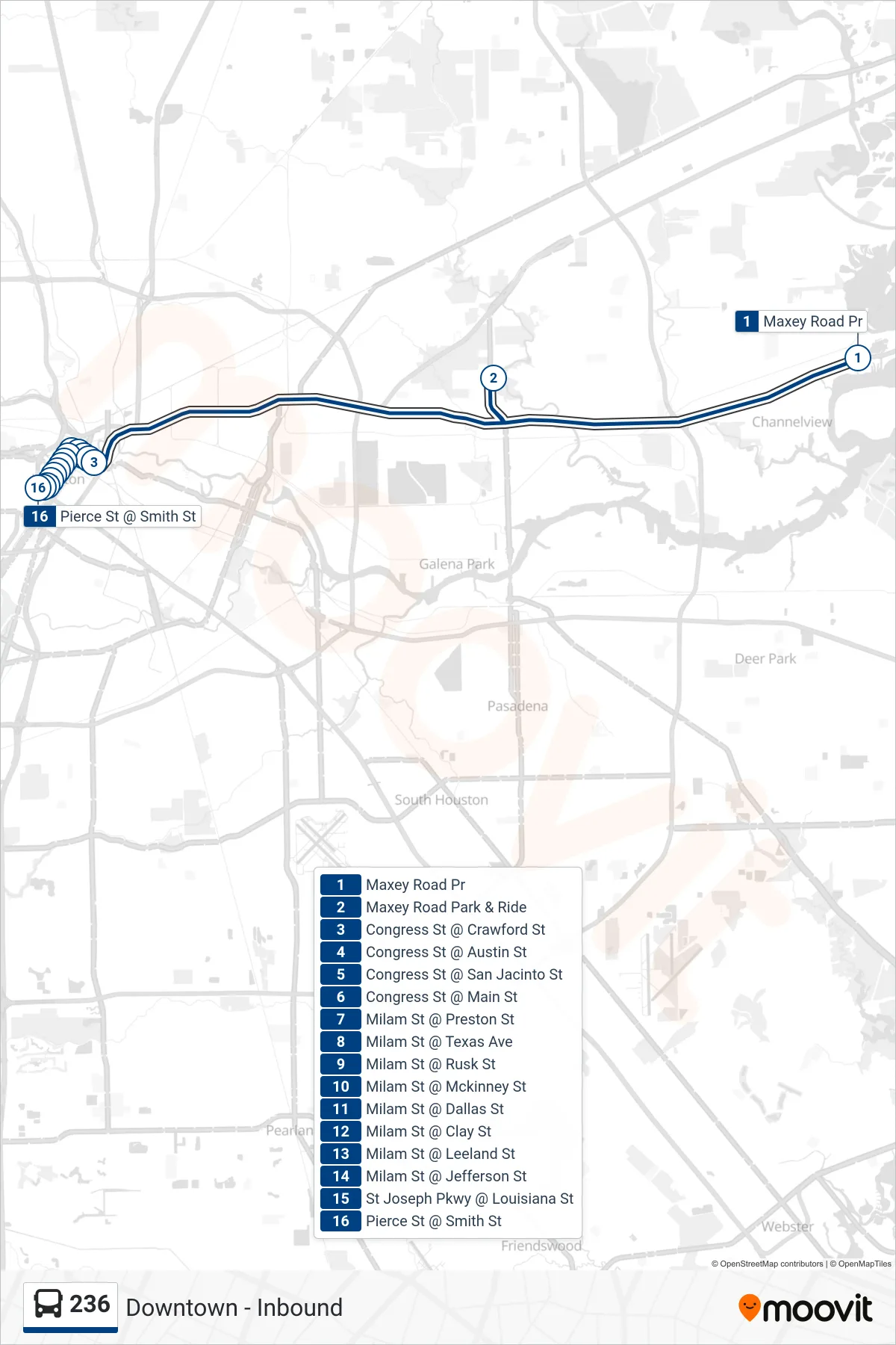 236 bus Line (Downtown - Inbound) route and stops on a map