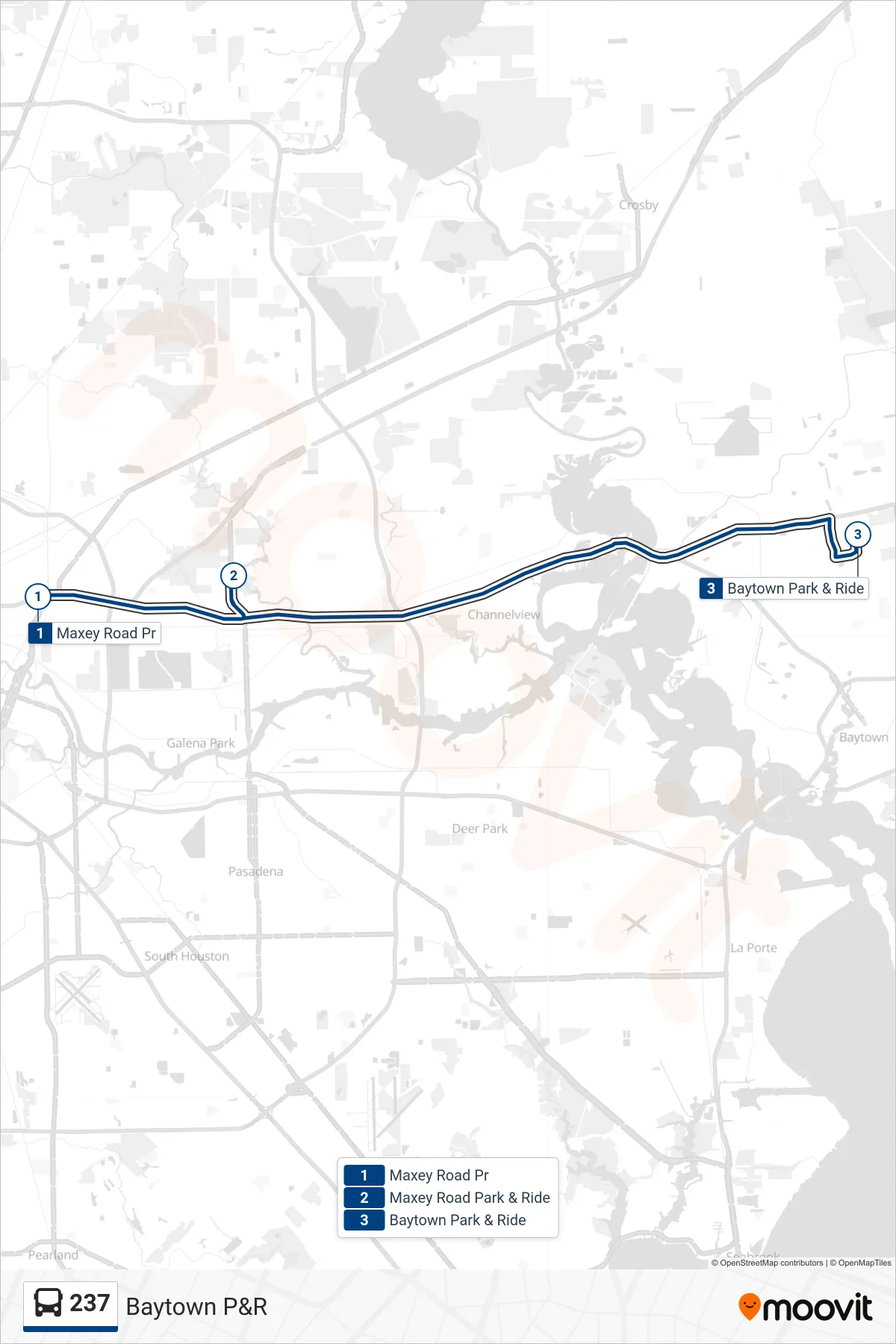 237 bus Line (Maxey Road/Baytown - Outbound) route and stops on a map