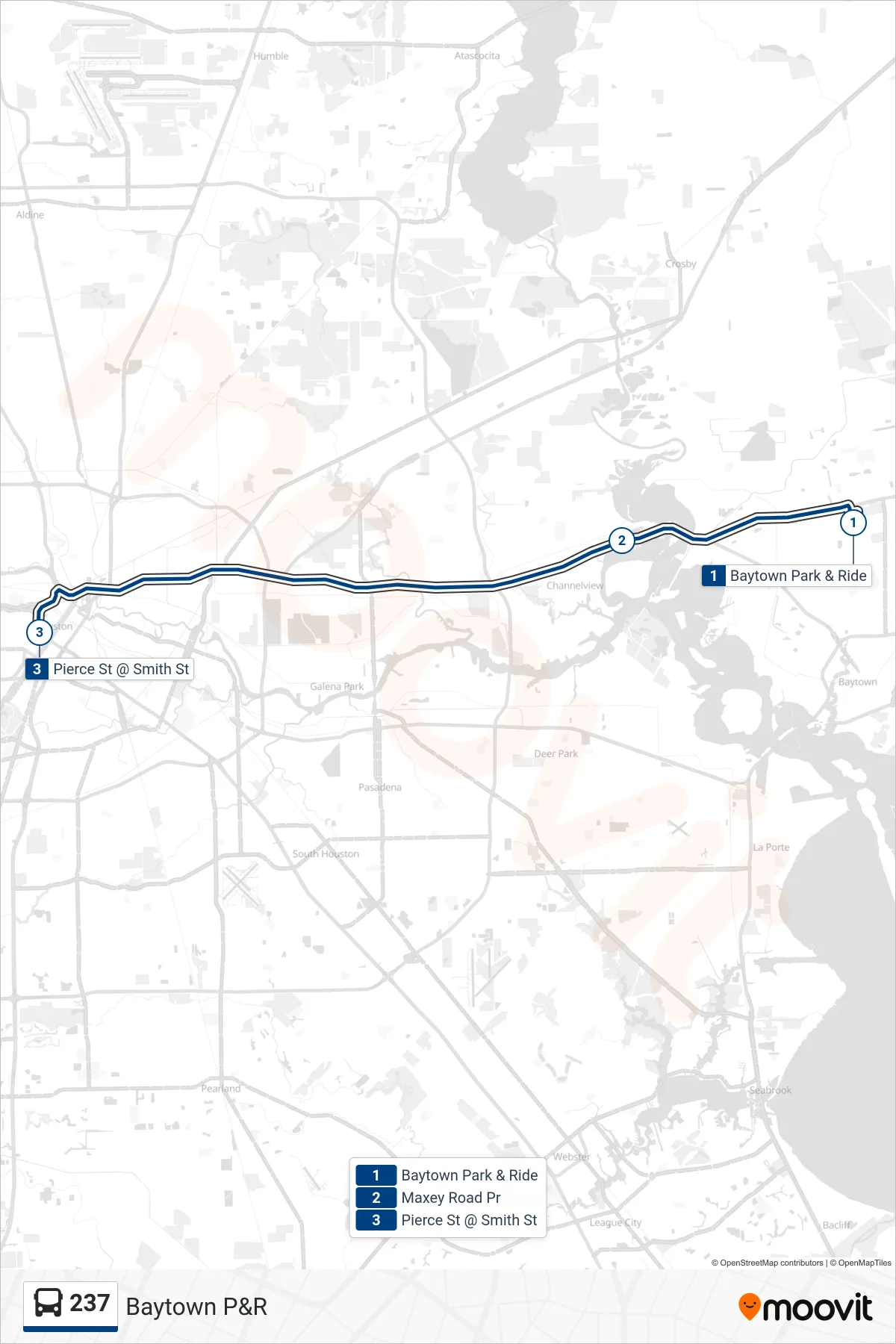 237 bus Line (Downtown - Inbound) route and stops on a map