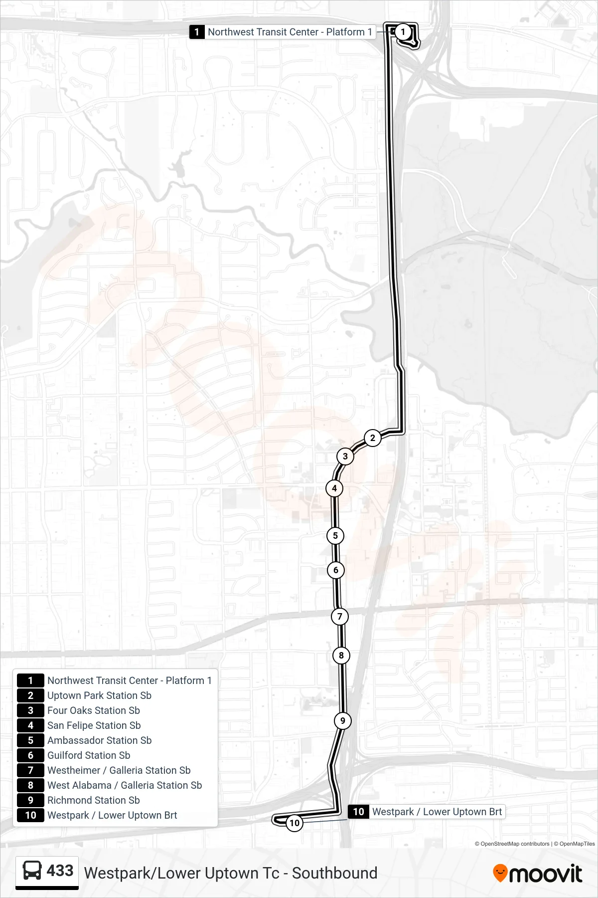 433 bus Line (Westpark/Lower Uptown Tc - Southbound) route and stops on a map