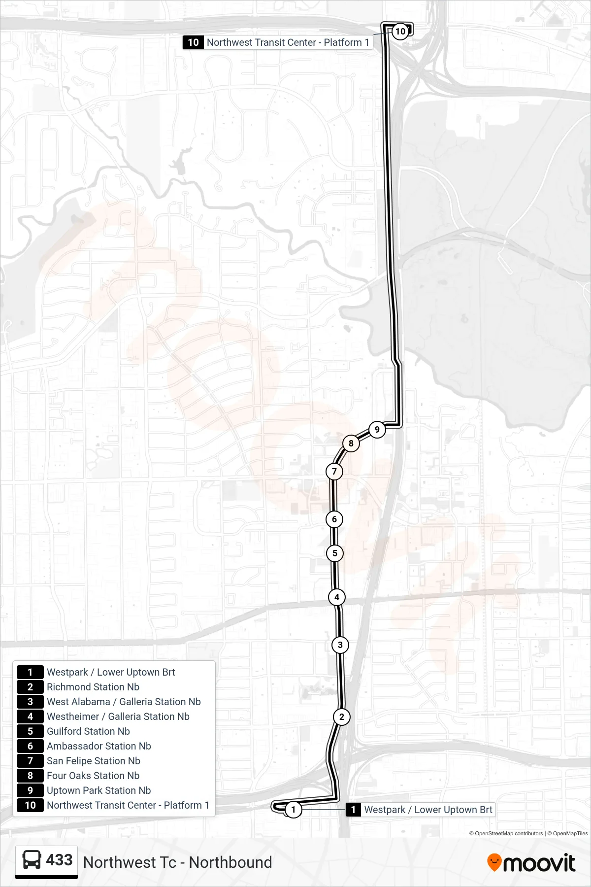 433 bus Line (Northwest Tc - Northbound) route and stops on a map